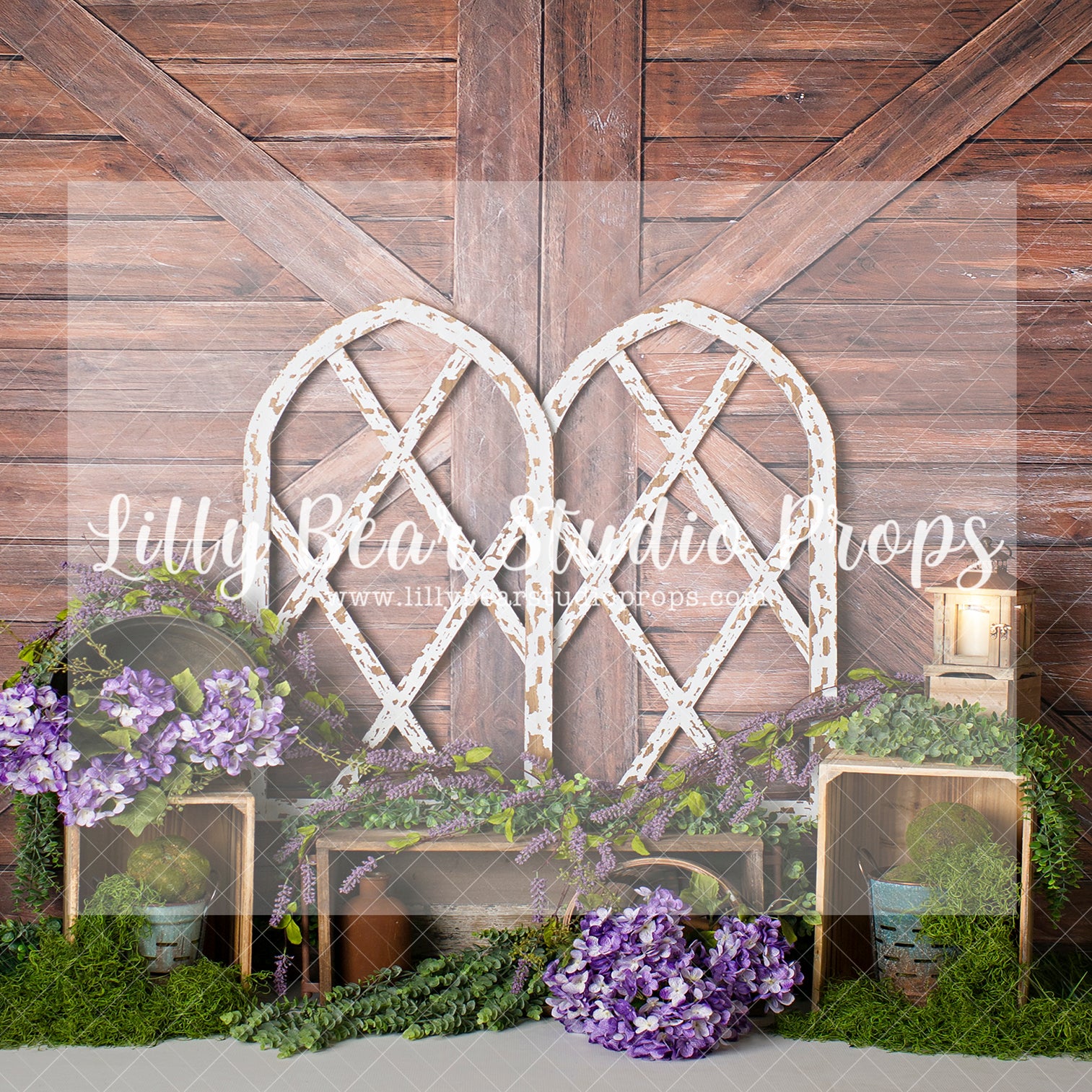 Mossy Arch Window - Lilly Bear Studio Props, barn doors, FABRICS, flower barn doors, flower garden, purple flowers, spring, spring garden