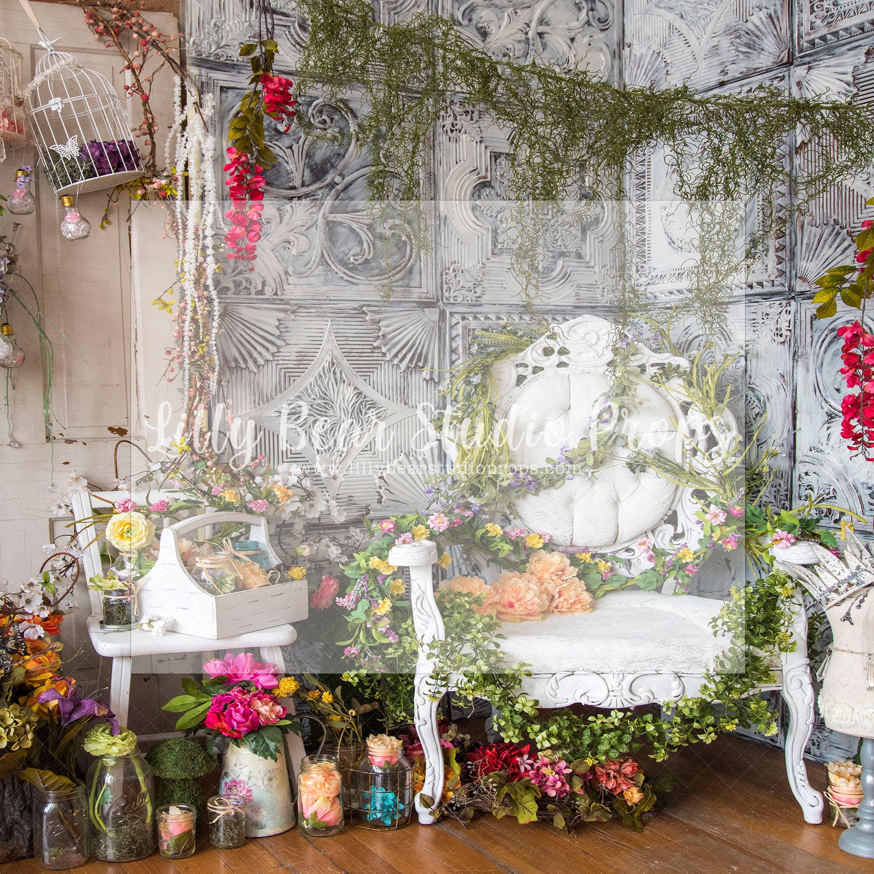 Mademoiselle Spring Corner - Lilly Bear Studio Props, bunnies, bunny, carrots, easter, easter backdrop, easter bunny, easter garden, FABRICS, flower barn doors, flower garden, flower window, flowers, garden, happy easter, spring, spring garden