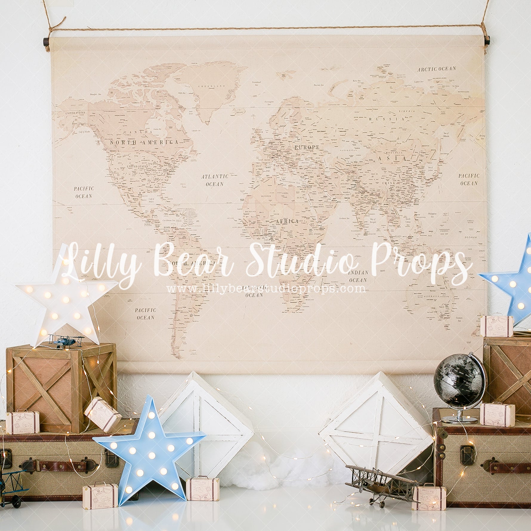 Map Of The World - Lilly Bear Studio Props, airplane, airplanes, aviator, explorer, FABRICS, globe, map, maps, ocean map, stars, travel, vintage map, world traveler
