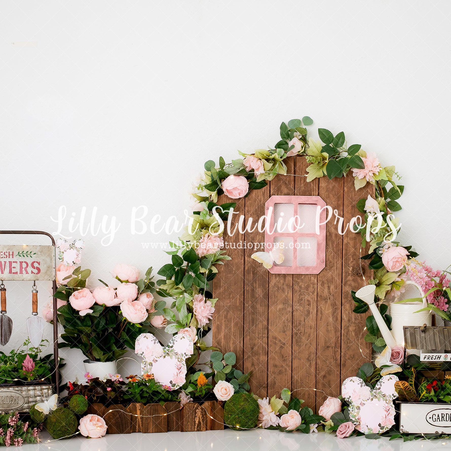 Minnie's Garden - Lilly Bear Studio Props, bloom, blush, floral, flower, flowers, flowers vines, green, greenery, ladder, ladders, large flowers, minnie, minnie mouse, pink floral, pink flowers, spring, spring floral, spring flowers, spring ladder, spring ladders, spring window, springtime, springwindow, tilted ladders