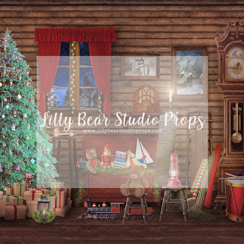 Santa's Cabin with Toy Box - Lilly Bear Studio Props, christmas, Cozy, Decorated, Festive, Giving, Holiday, Holy, Hopeful, Joyful, Merry, Peaceful, Peacful, Red & Green, Seasonal, Winter, Xmas, Yuletide