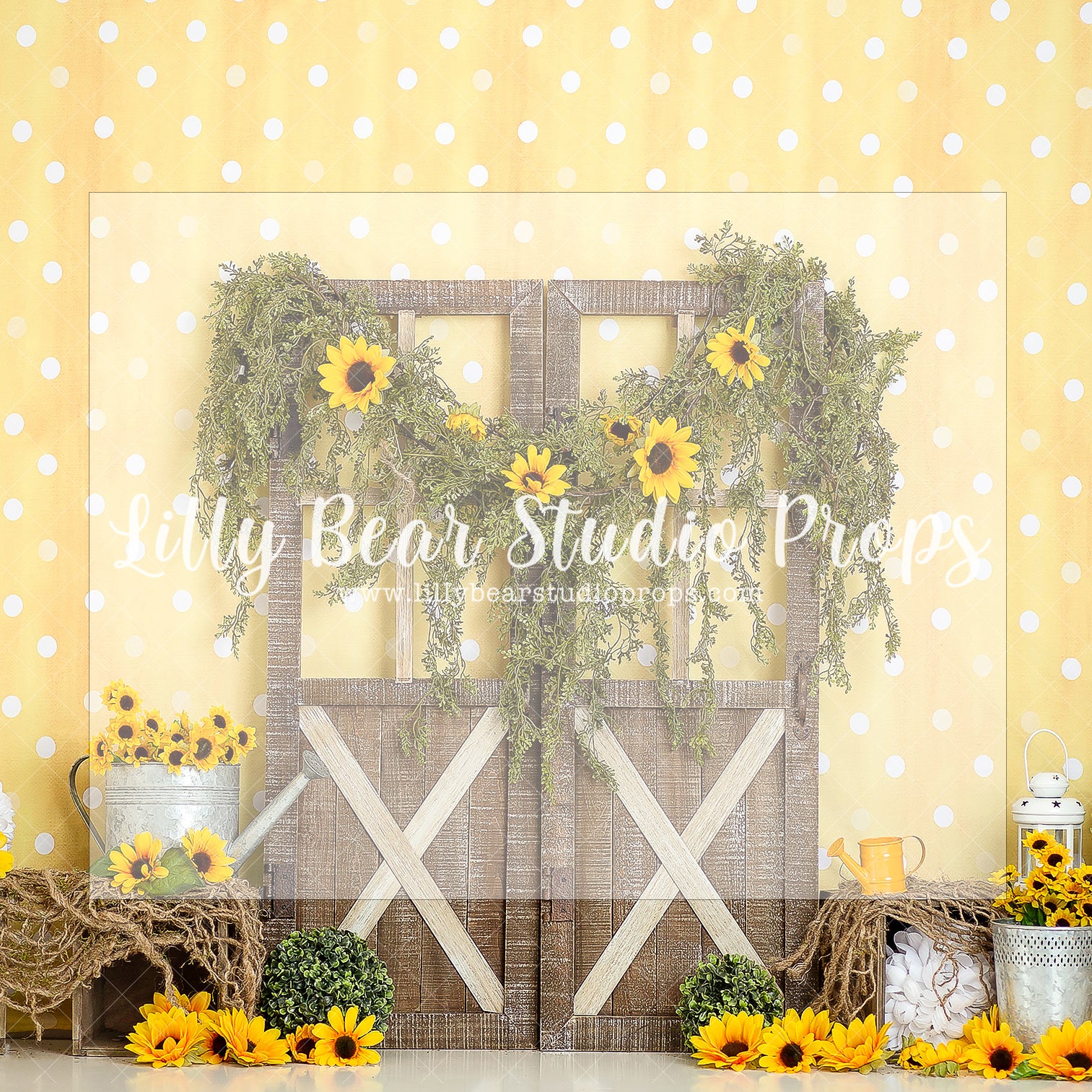 IN FULL BLOOM - Lilly Bear Studio Props, daisies, doors, floral, floral and lace, floral garden, girls, lantern, polka dots, sunflower, sunflowers, Wrinkle Free Fabric, yellow daisies, yellow polka dots, yellow polka dotts