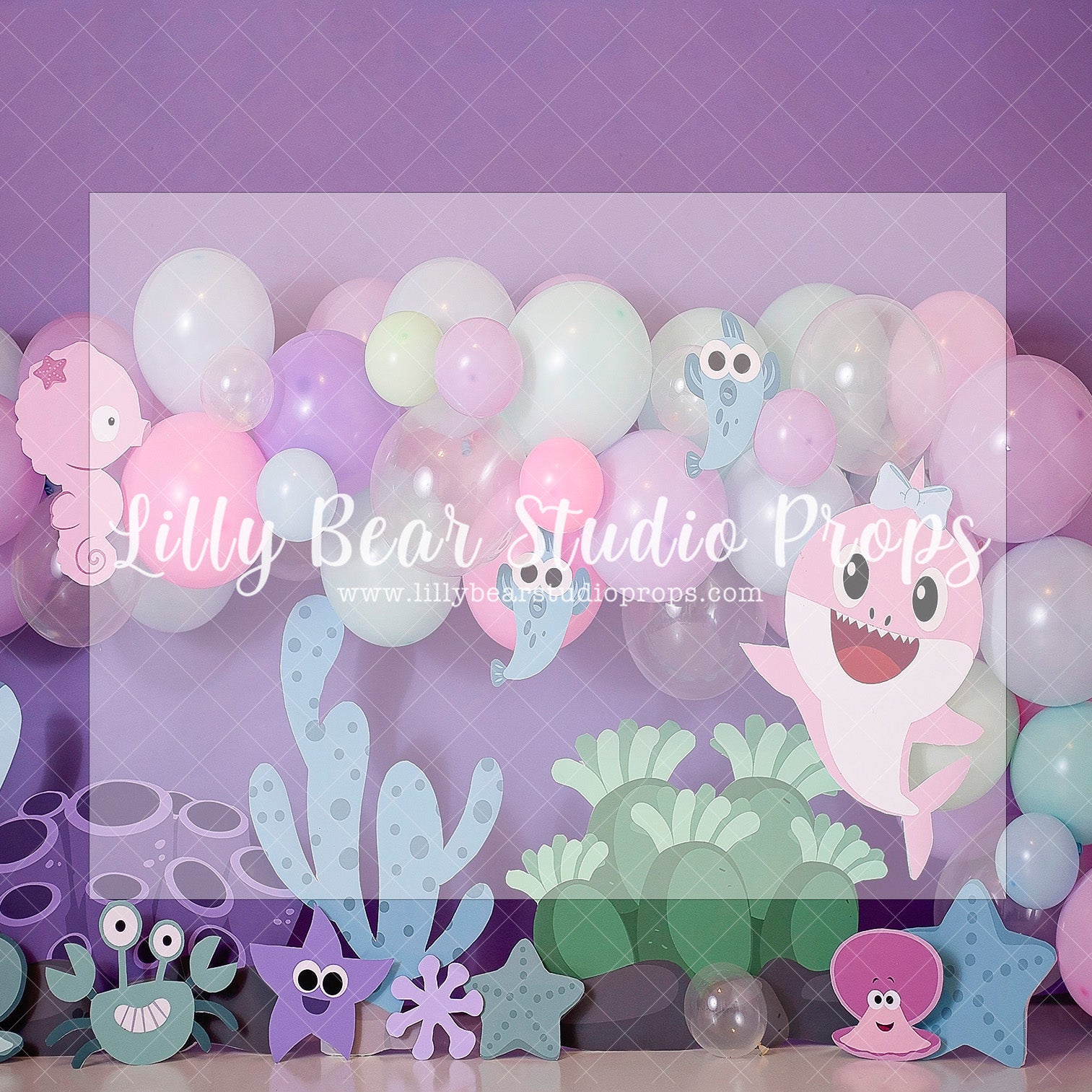 Baby Sharky And Friends - Lilly Bear Studio Props, baby girl shark, baby shark, baby shark balloon, blue balloons, coral, coral reef, coral sand, Fabric, girl shark, jaws, mommy shark, ocean, pink shark, shark, shark baby, shark girl, sharks, sharky, under the ocean, under the sea, under the sea girl, under water, undersea, underwater, underwater bubbles, Wrinkle Free Fabric