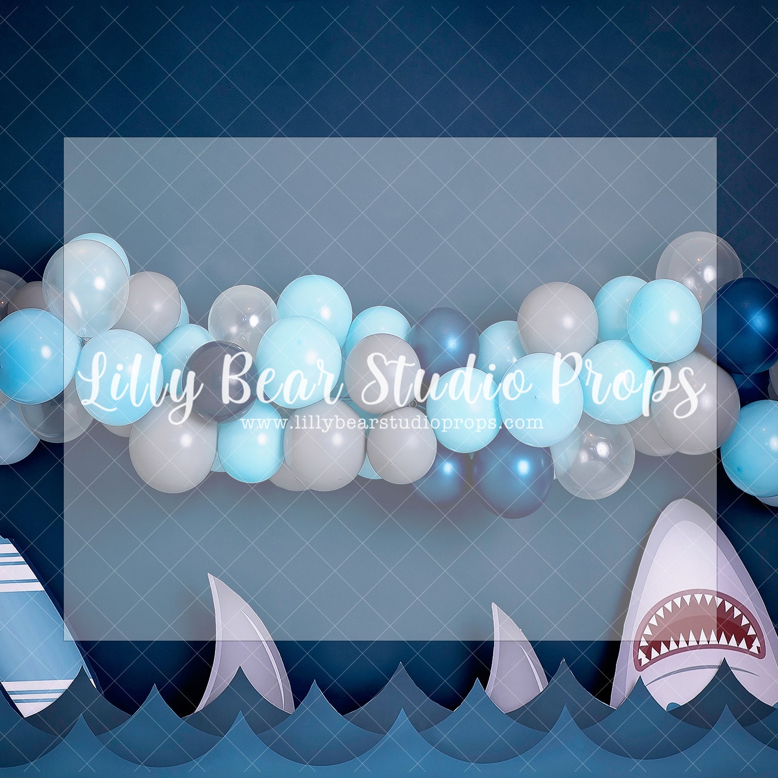 A Party For Jaws - Lilly Bear Studio Props, baby shark, baby shark balloon, blue balloon, blue balloon garland, blue balloon wall, blue balloons, Fabric, jaws, ocean, shark, shark baby, shark girl, sharks, sharky, Wrinkle Free Fabric