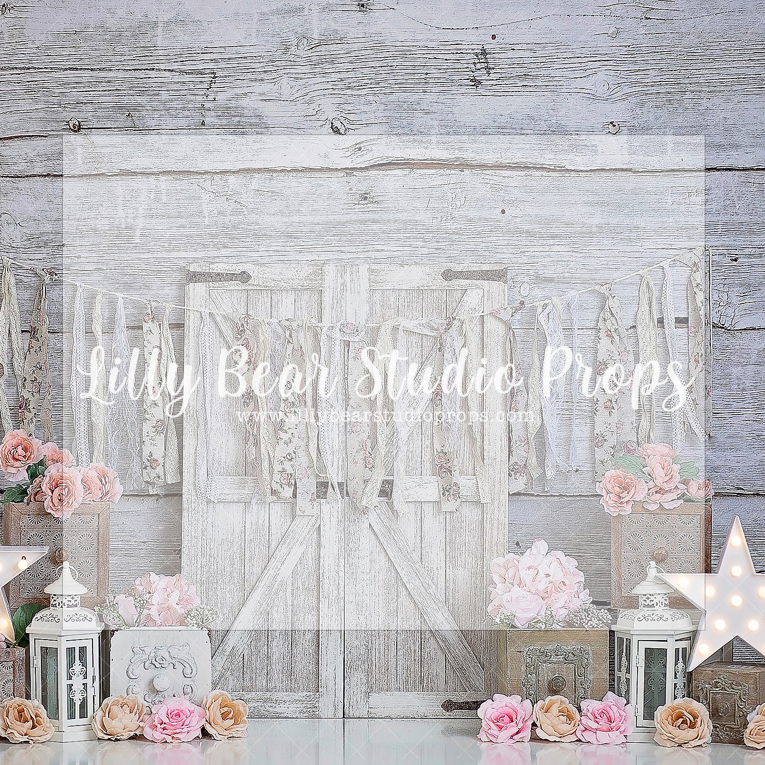 SHABBY LATERNS AND BLOOMS - Lilly Bear Studio Props, doors, floral, floral and lace, floral garden, garden tea party, girls, girls birthday, glitter, green garland, lantern, peach flowers, pink flowers, spanish moss, tea party, water can, watering can, Wrinkle Free Fabric