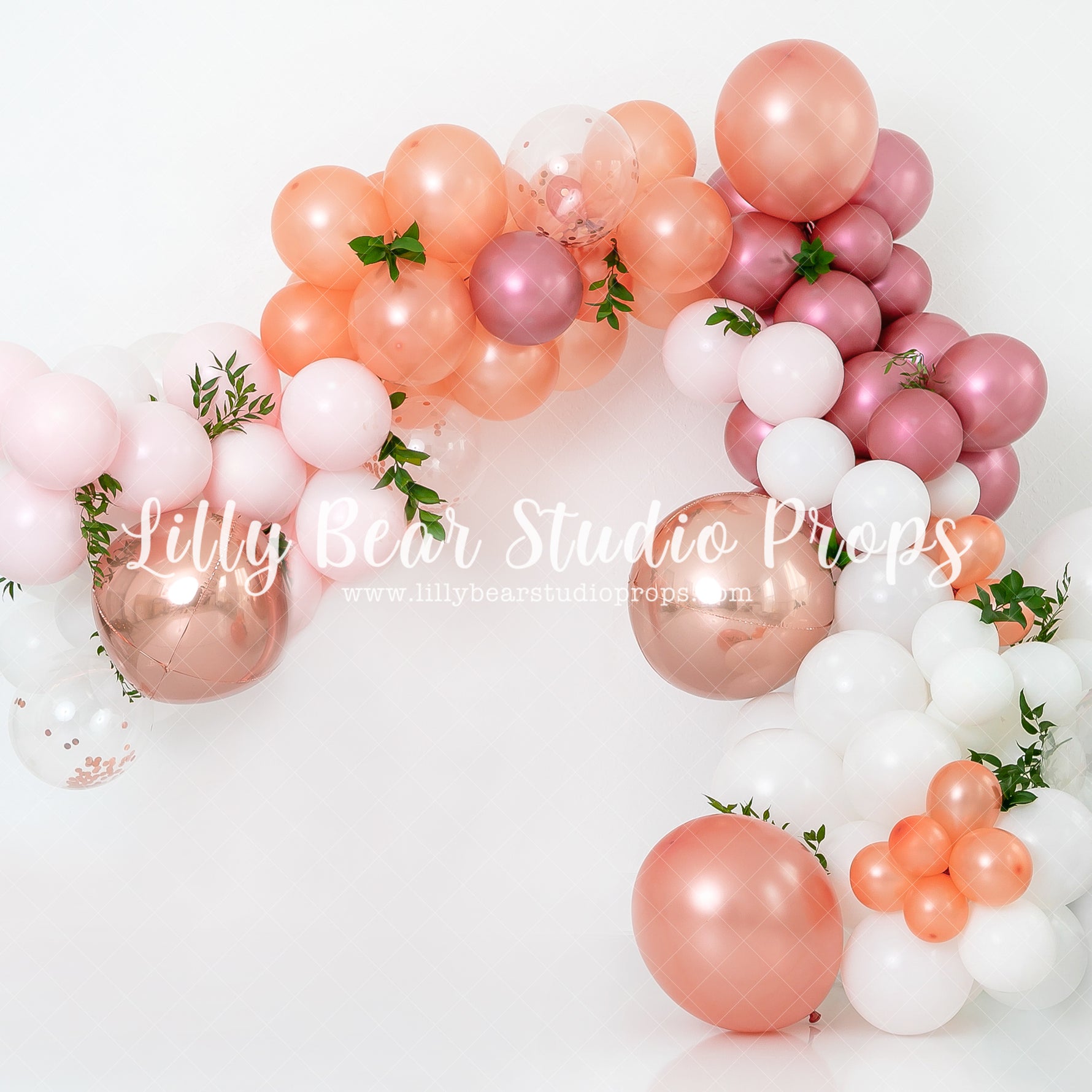 Peachy Rose Balloon Garland - Lilly Bear Studio Props, balloon, balloon arch, balloon chic, balloon flowers, balloon garland, metallic rose gold, pink and rose gold, pink white and rose gold, rose gold, rose gold balloons, rose gold flower