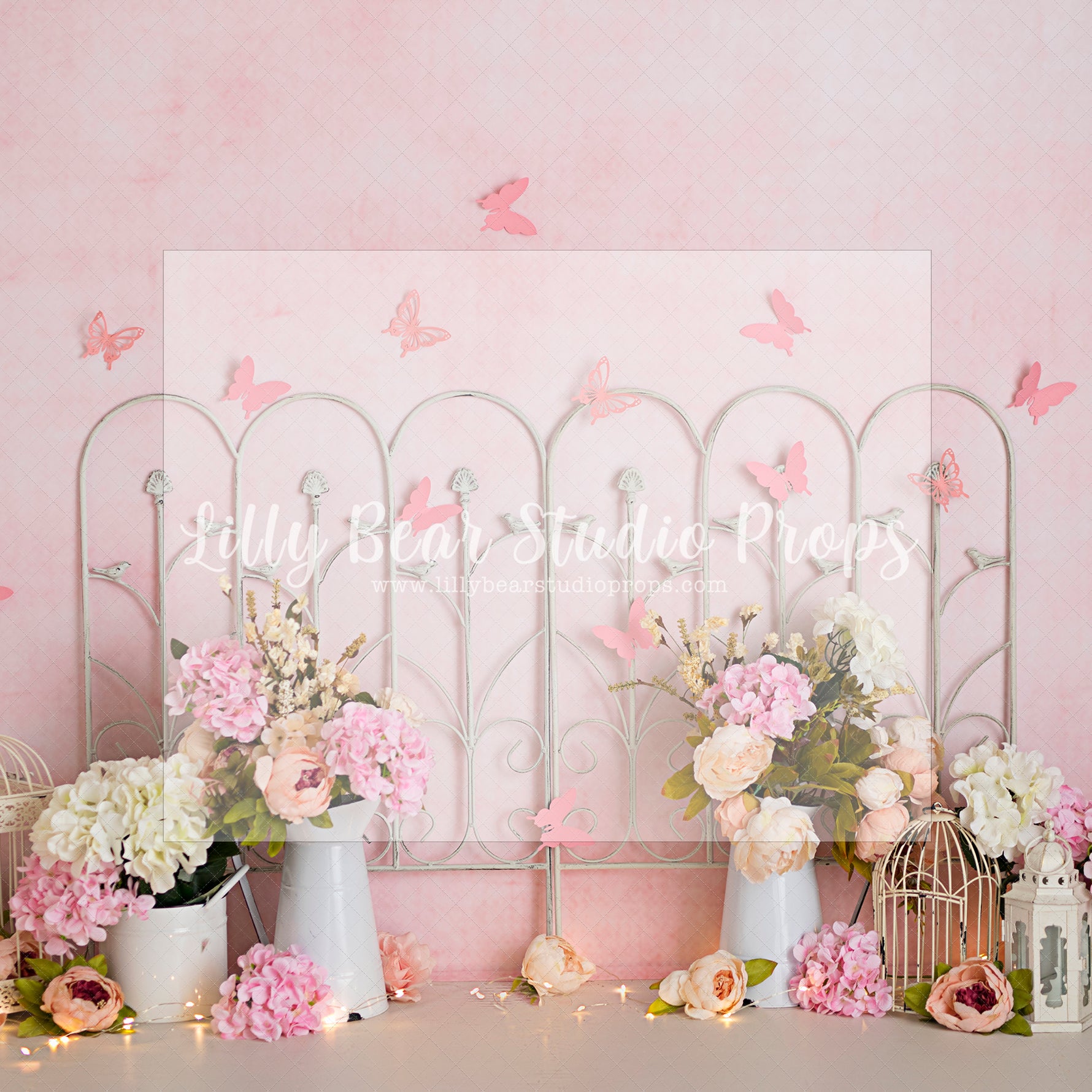 Pink Butterfly Floral by Sweet Little Blessings - Lilly Bear Studio Props, blush roses, blushing, butterflies, butterfly, butterfly flowers, butterfly garden, FABRICS, floral, floral doors, flower garden, girl, paper butterflies, paper flower wall, paper flowers, pastel pink flowers, pink butterflies, pink butterfly, pink flowers, pink rose, pink roses, white doors, windows