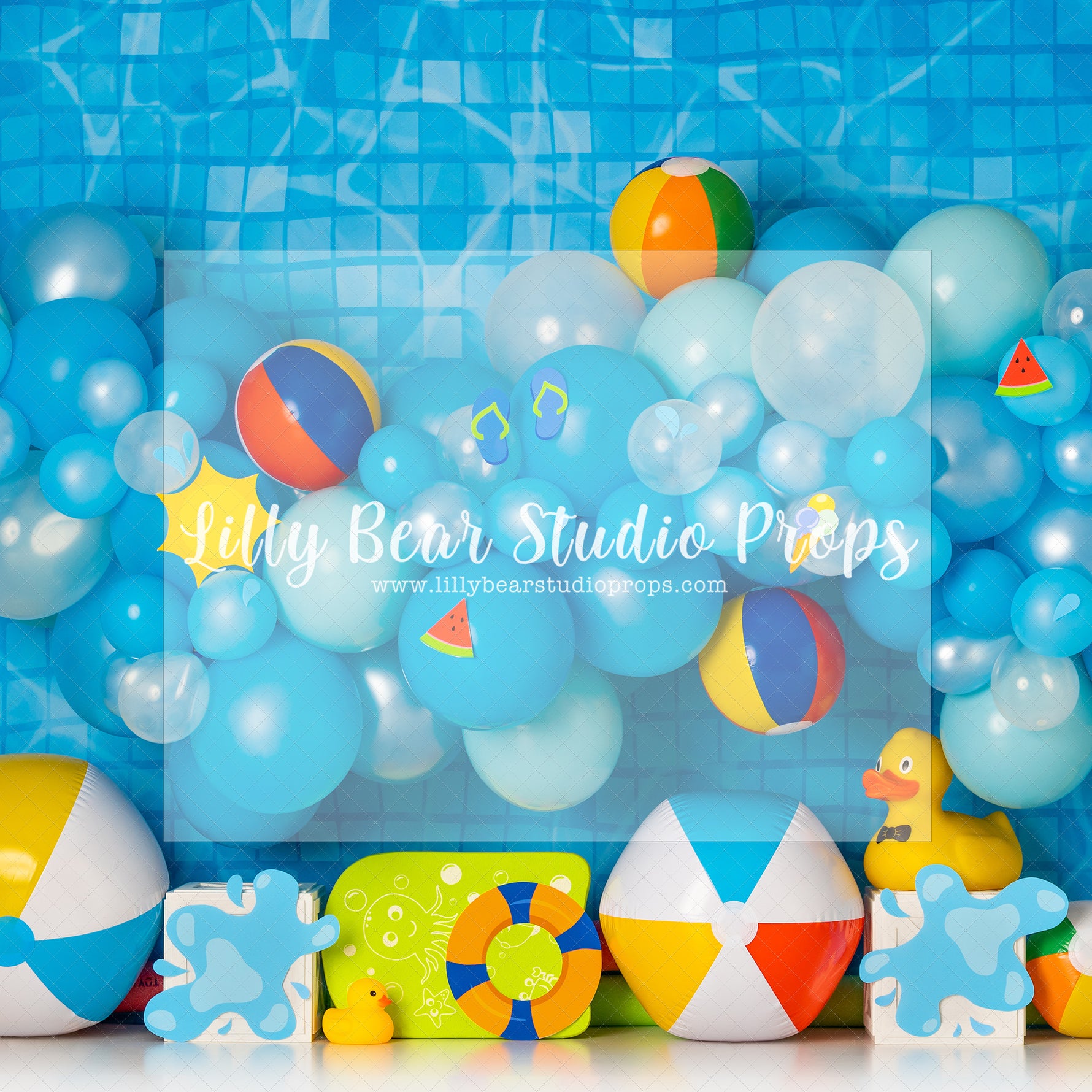 Pool Party - Lilly Bear Studio Props, beach ball, beach water, beach water wave, beach waves, flip flop, glistening water, rubber duck, shimmer water, shiny water, surf board, water, water waves, waves