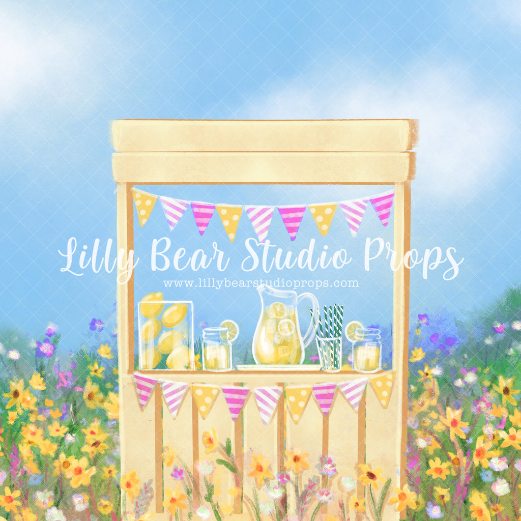Prairies Pink and Yellow - Lilly Bear Studio Props, blue sky, field of flowers, lemon, lemon garden, lemon juice, lemonade stand, lemons, pink lemonade, prairie, yellow flowers, yellow lemonade