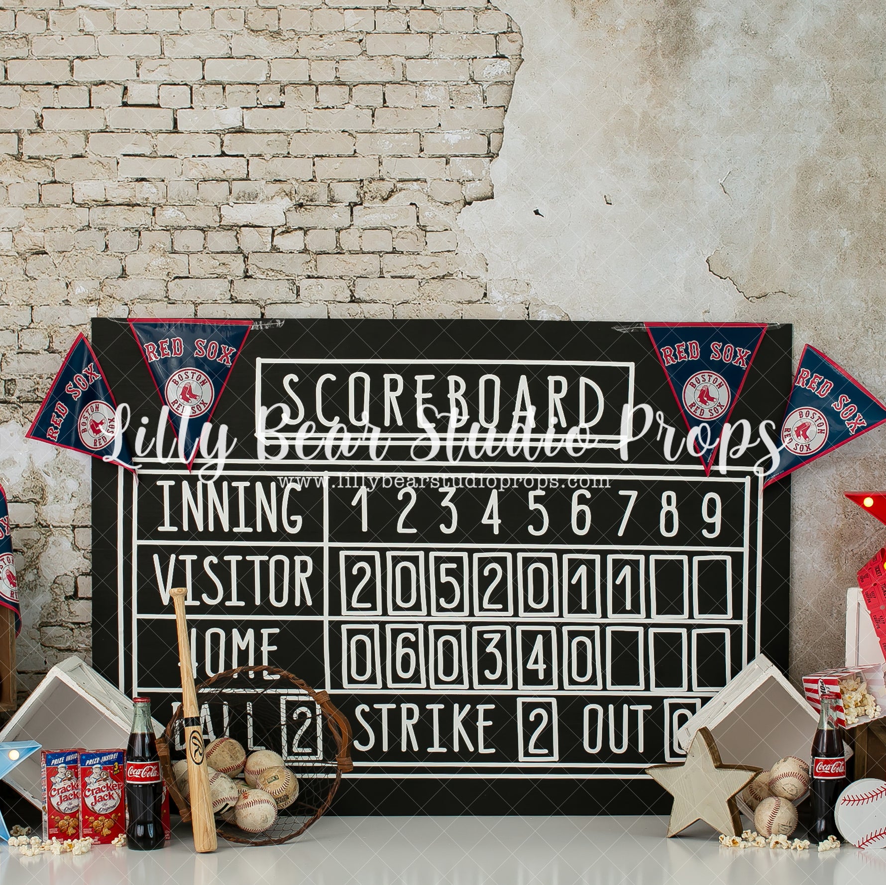 Red Sox Ball Game - Lilly Bear Studio Props, ball game, baseball, baseball balls, baseball bat, baseball birthday, baseball diamond, baseball field, baseball player, baseball star, blue and red, boy, boy sports, boy theme, Coka Cola, cracker jacks, distressed brick, FABRICS, game, home base, inning, pitcher, red sox, scoreboard, sport birthday, sports, sports game, sports theme, star, stars, take me out to the ball game