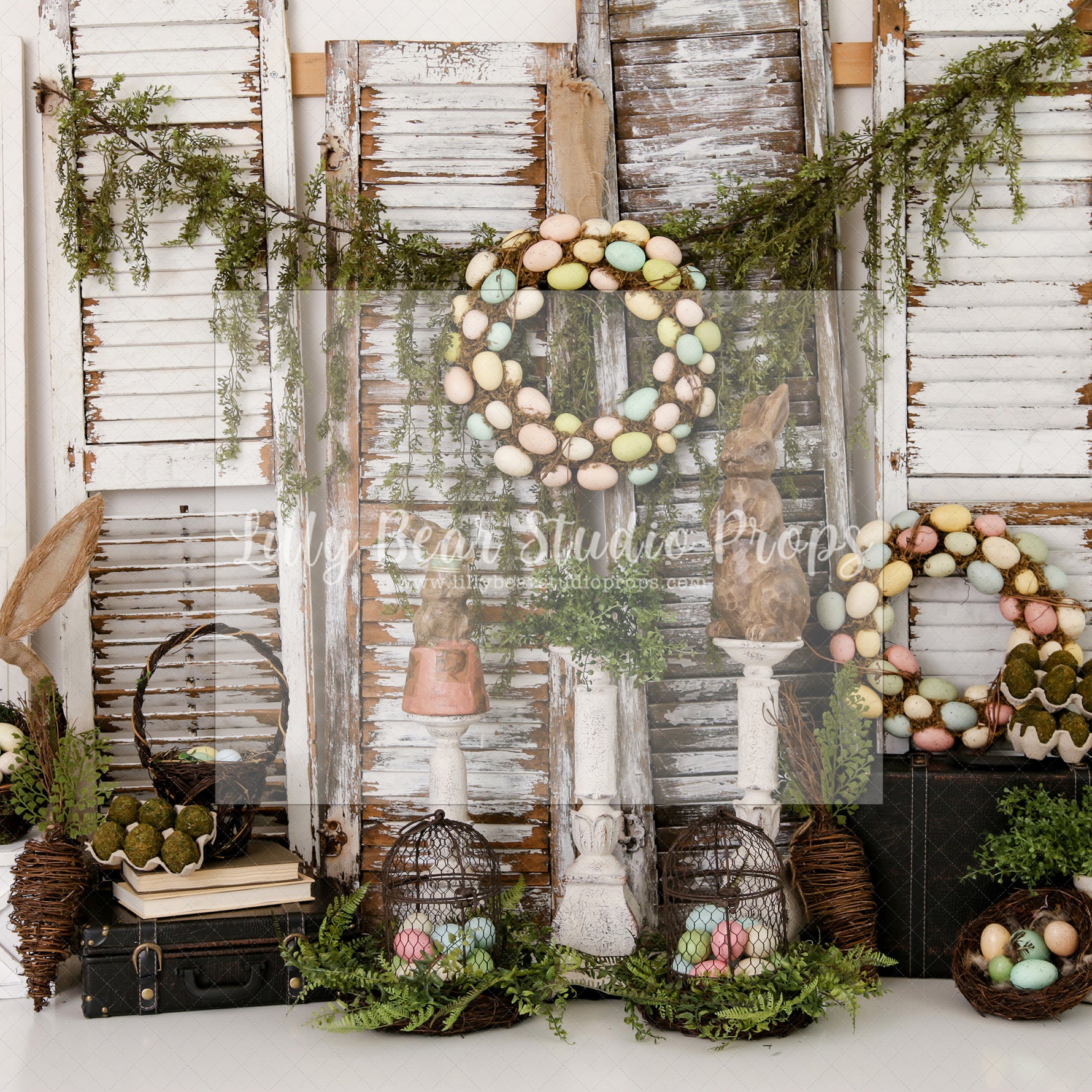 Spanish Moss Bunny Shutters - Lilly Bear Studio Props, boho spring, bunny, bunny garden, bunny one, bunny trail, carrot, carrots, easter, easter backdrop, easter basket, easter bunny, easter eggs, easter mini, FABRICS, flower barn doors, flower garden, flower stand, some bunny is one, spring, spring camper, spring garden