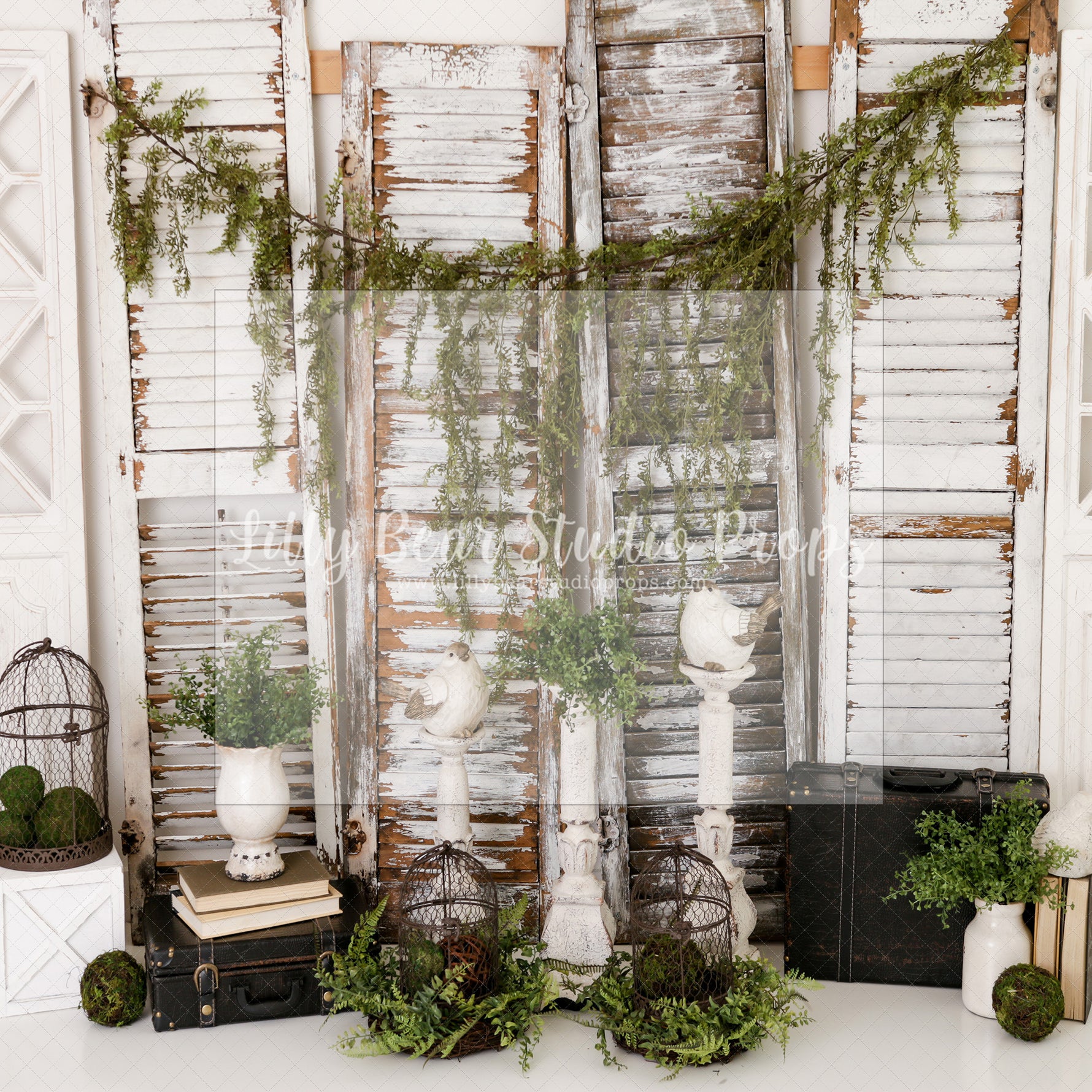 Spanish Moss Shutters - Lilly Bear Studio Props, boho spring, FABRICS, flower barn doors, flower garden, flower ladder, flower stand, fresh flowers, garden, spanish moss, spring, spring garden, spring mini, spring time, springtime, sprintime, tulips, watering can