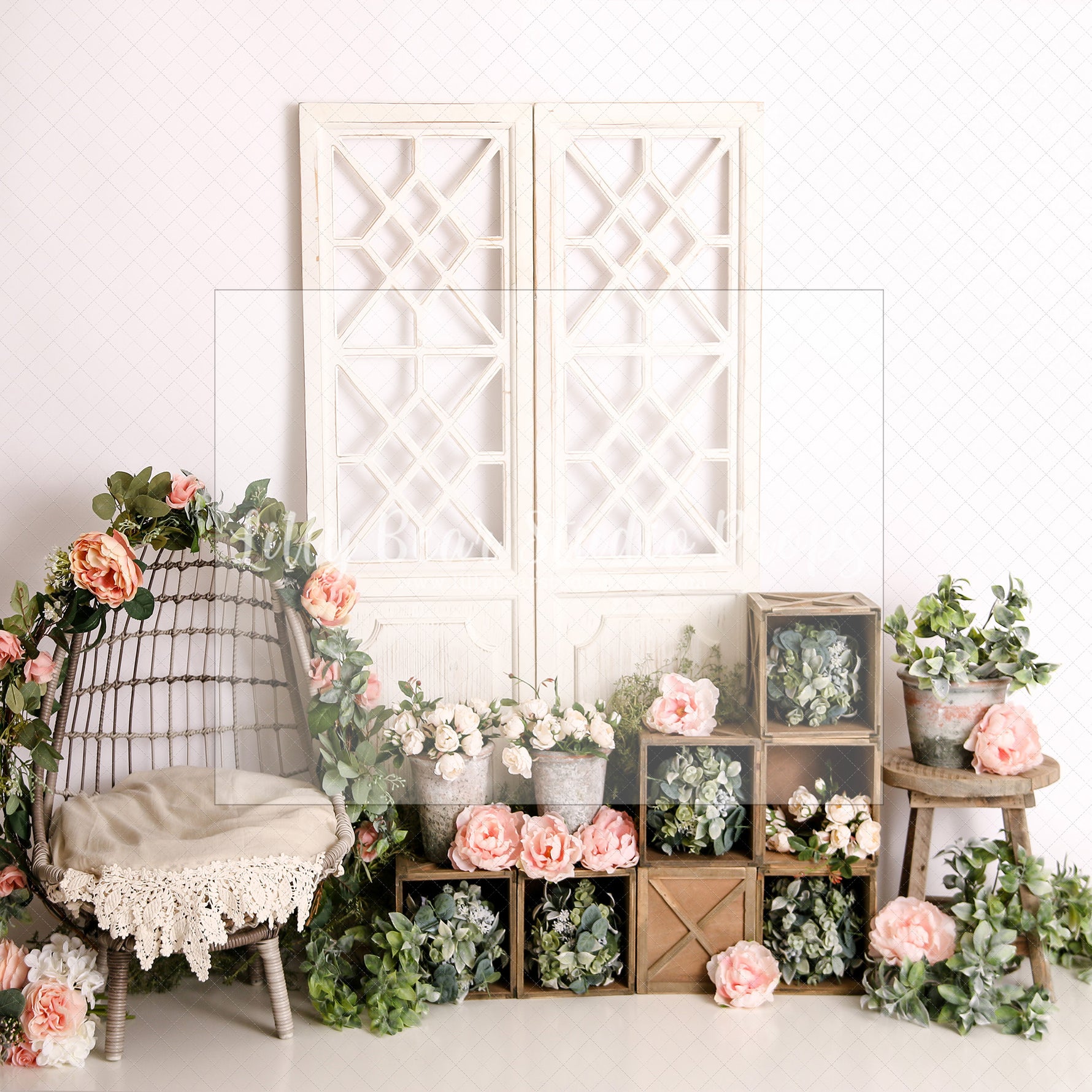 Springtime Boho - Lilly Bear Studio Props, boho spring, FABRICS, flower barn doors, flower garden, flower ladder, flower stand, fresh flowers, garden, spanish moss, spring, spring garden, spring mini, spring time, springtime, sprintime, tulips, watering can