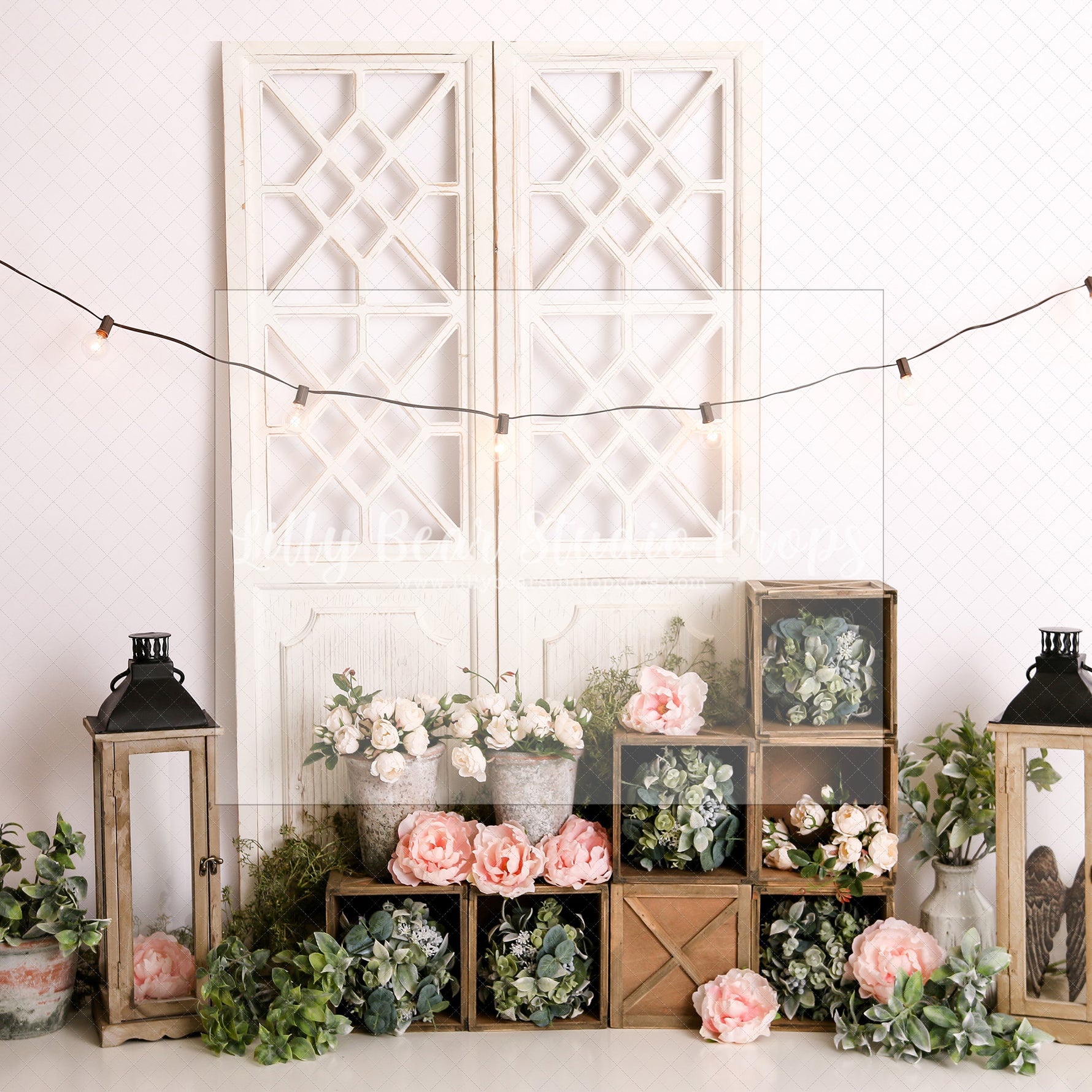 Springtime Boho Floral Lanterns Lights - Lilly Bear Studio Props, boho spring, FABRICS, flower barn doors, flower garden, flower ladder, flower stand, fresh flowers, garden, spanish moss, spring, spring garden, spring mini, spring time, springtime, sprintime, tulips, watering can