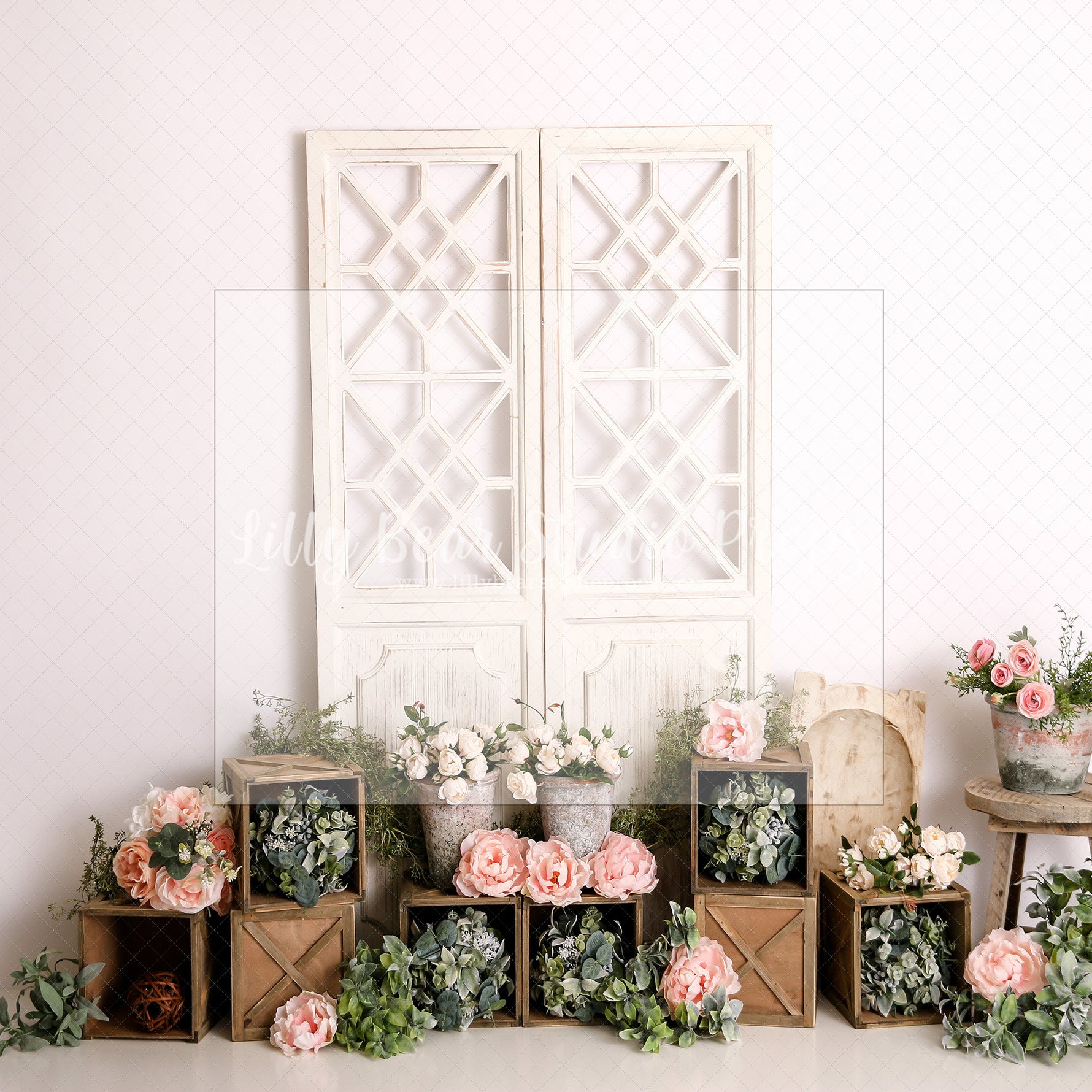 Springtime Boho Shutters - Lilly Bear Studio Props, boho spring, FABRICS, flower barn doors, flower garden, flower ladder, flower stand, fresh flowers, garden, spanish moss, spring, spring garden, spring mini, spring time, springtime, sprintime, tulips, watering can