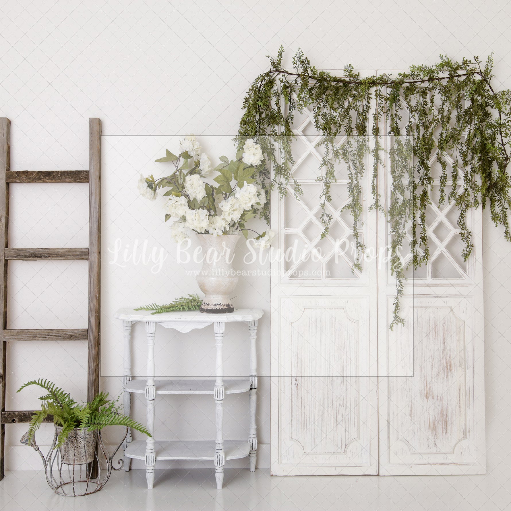 Springtime Spanish Moss Ladder - Lilly Bear Studio Props, boho spring, FABRICS, flower barn doors, flower garden, flower ladder, flower stand, fresh flowers, garden, spanish moss, spring, spring garden, spring mini, spring time, springtime, sprintime, tulips, watering can