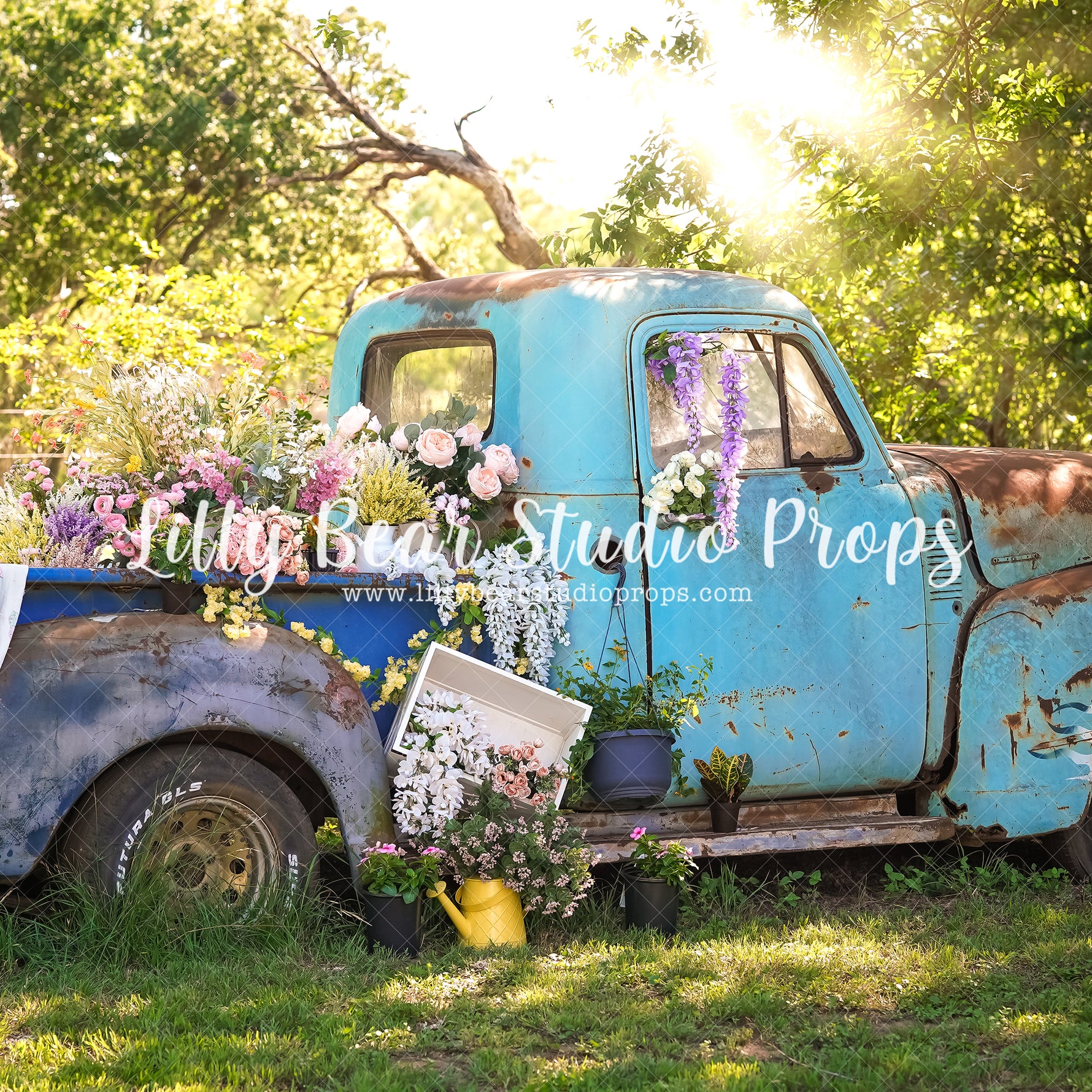 The Flower Truck - Lilly Bear Studio Props, bicycle, blooming flowers, blue flower, blue flowers, bright flowers, flower, flower balloons, flower market, flower shop, flower stand, fresh flowers, fresh fruit, fruit market, little flower shop, pink balloons, summer, summertime, white picket fence