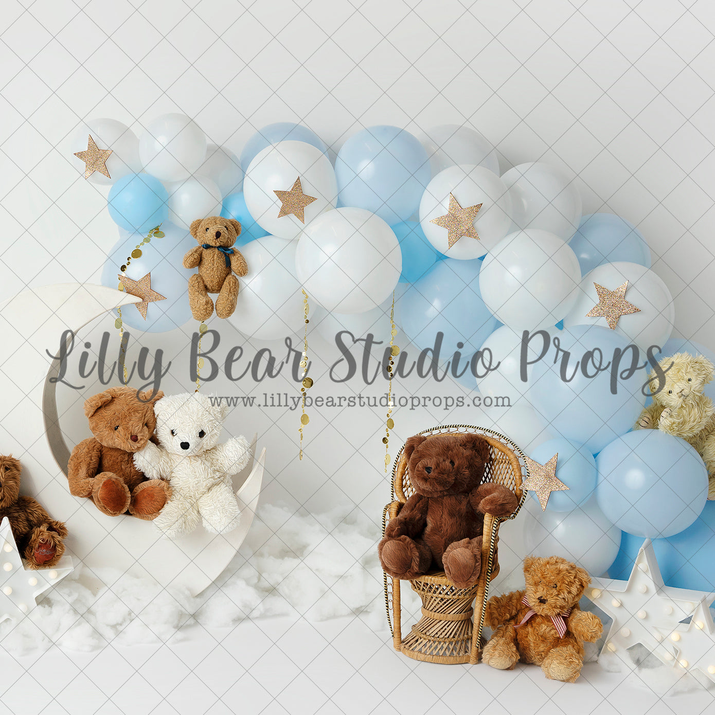 Timothy and Teddies - Lilly Bear Studio Props, blue moon, boy balloon garland, boy balloons, brown balloons, flying, full moon, Goodnight moon, half moon, little star, moon, moon and clouds, moon and stars, moon stars, moons, oh the places we will go, silver star, silver stars, stars, teddy, teddy balloons, teddy bear, teddy bear balloons, teddy bear picnic, teddy bears, teddys, twinkle twinkle little star