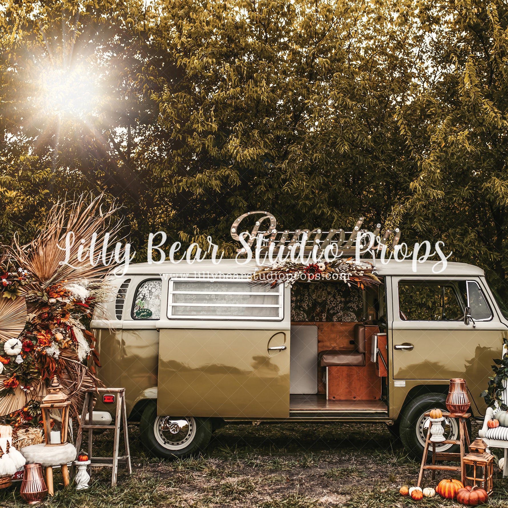 VW Bus by Brittany Ebany & Co. sold by Lilly Bear Studio Props, barn doors - boho fall - bus - doors - dried floral - d