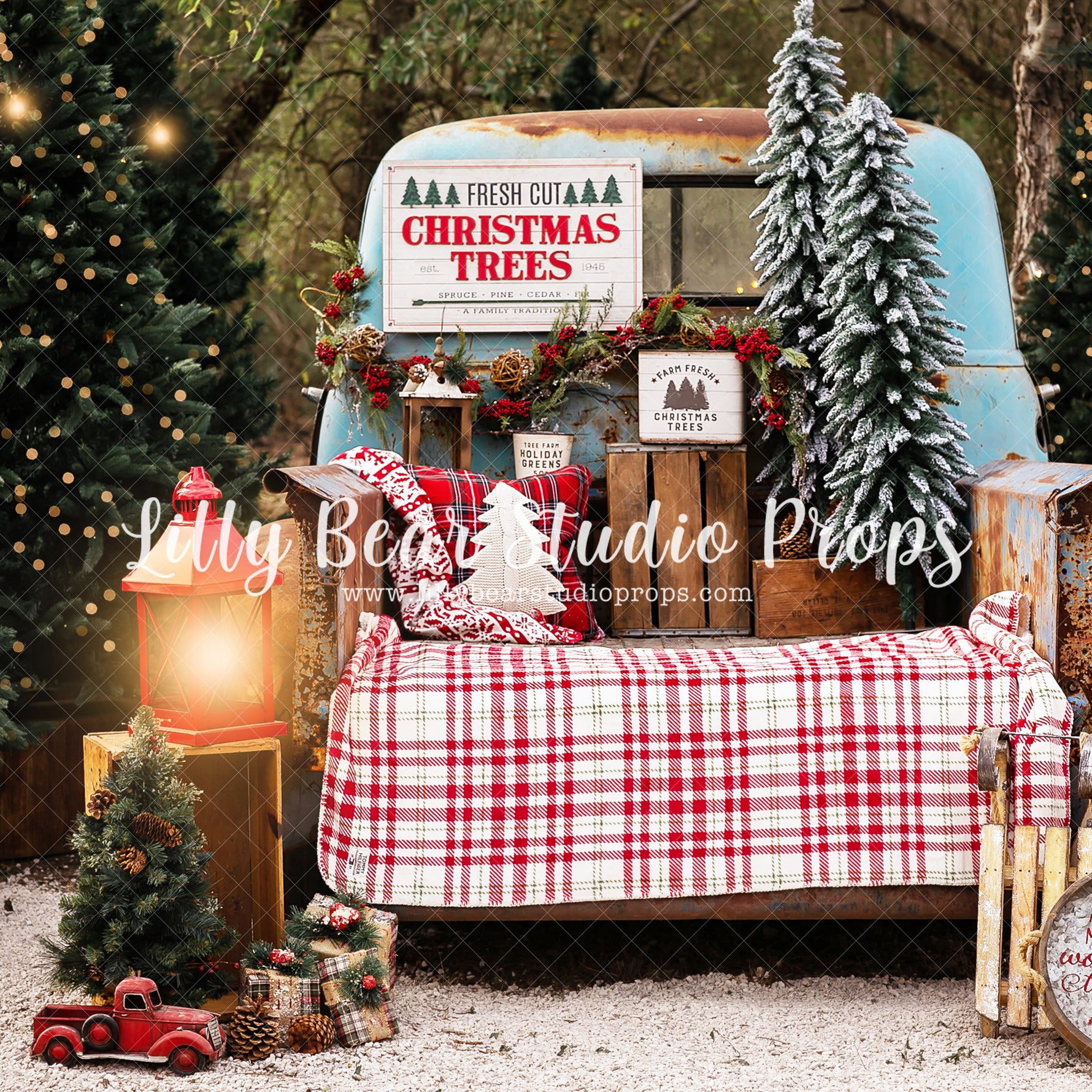Vintage Christmas Truck - Lilly Bear Studio Props, christmas farm, christmas pickup, christmas tree, christmas tree farm, christmas trees, enchanted forest, Fabric, FABRICS, forest, lanterns, pickup truck, pine forest, pine tree, pine tree forest, pine trees, red pickup, tree farm, tree truck, wild