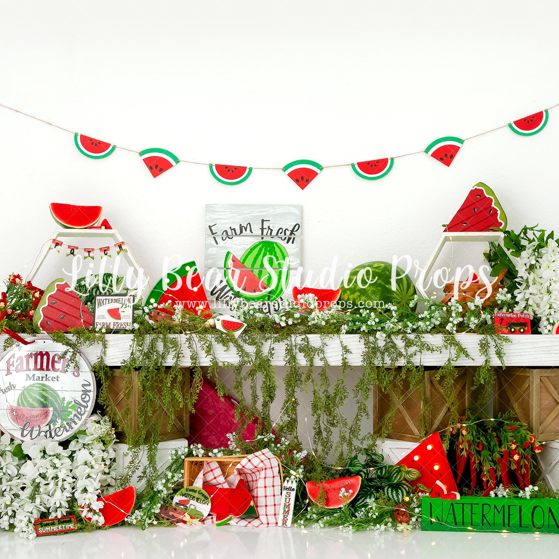 Watermelon Farm Fresh - Lilly Bear Studio Props, dream, dream catcher, dreamcatcher, farm fresh, farmer's market, floral, flower, flowers, green, greenery, One in a Melon, picket fence, pink, pink floral, pink flowers, summer, summer drink, summertime, sweet summertime, watermelon, watermelon seeds, watermelon slices, watermelon stripes