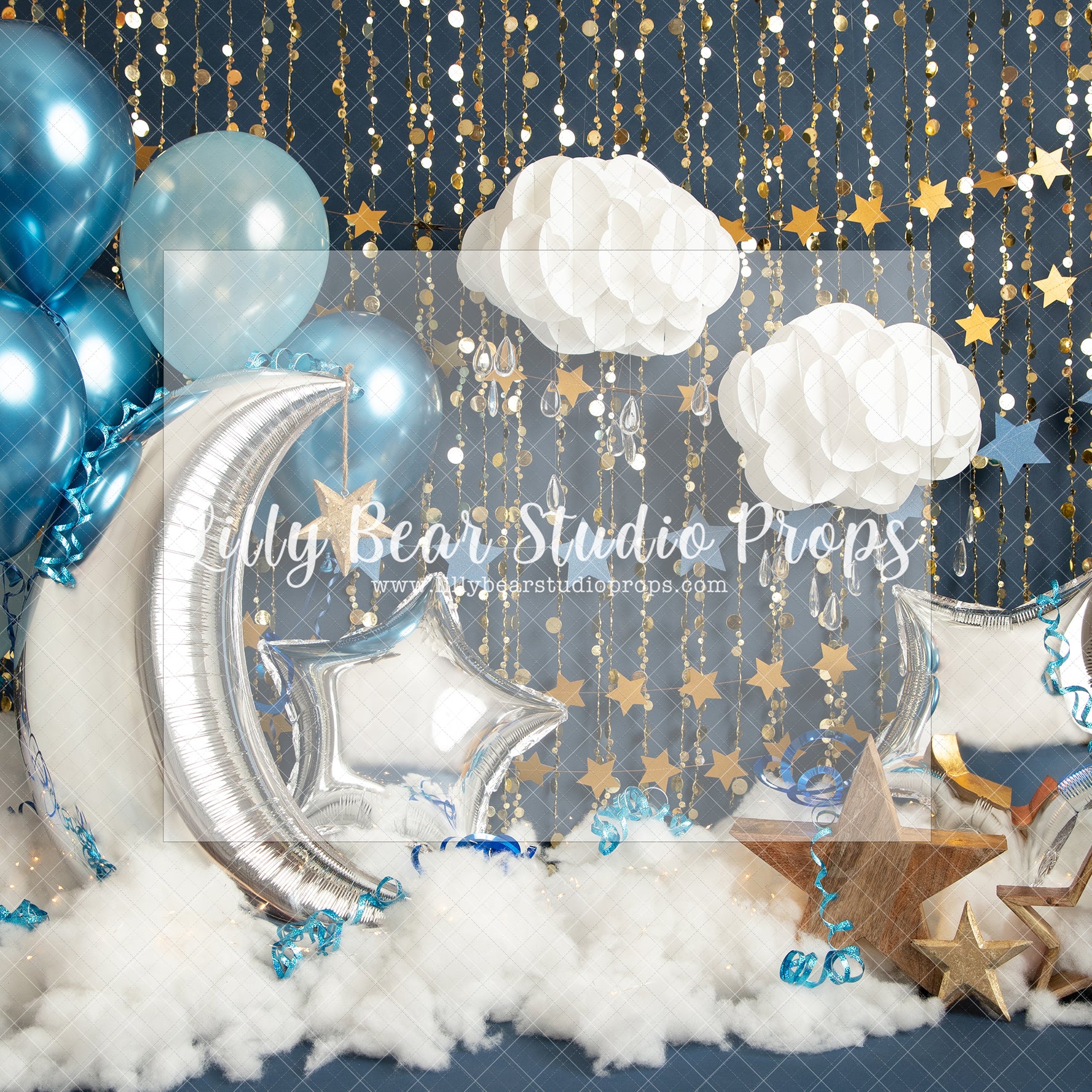 You're Invited - Lilly Bear Studio Props, balloon, balloon arch, balloon garland, black balloons, blue, blue balloon, blue balloon garland, blue balloons, chrome balloon, metallic balloon, moon, moon and stars, moon balloon, silver balloons, silver garland, silver moon, stars