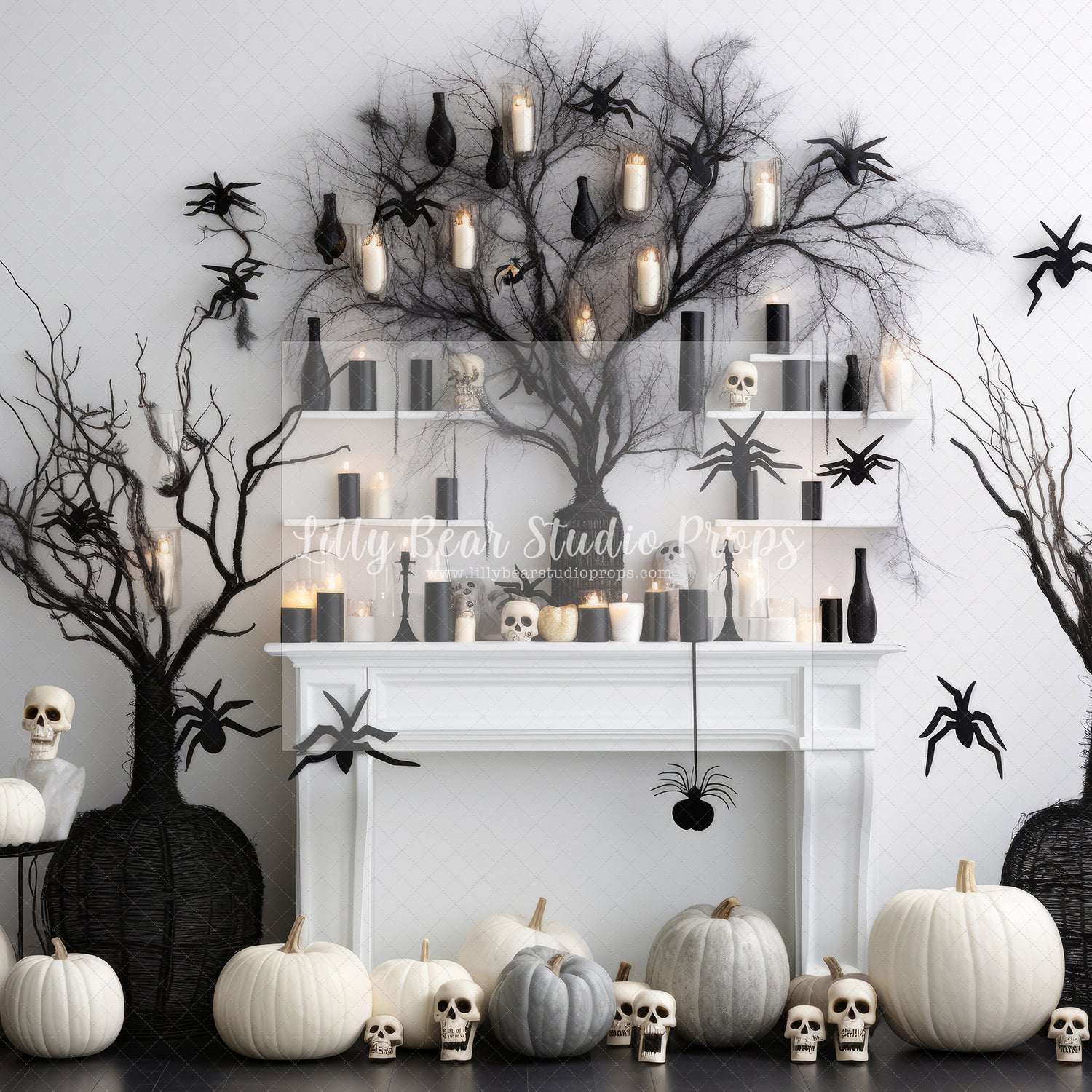 Black & White Skull Halloween Fireplace - Sweep Option