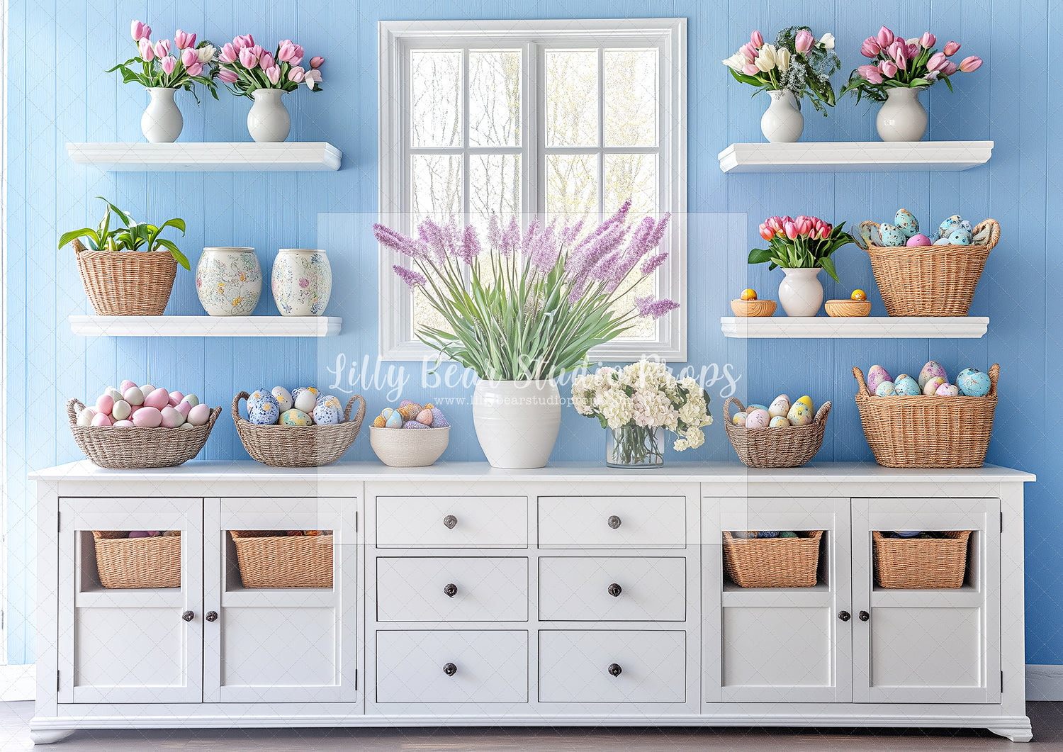 Blue Wall Floral White Cabnet