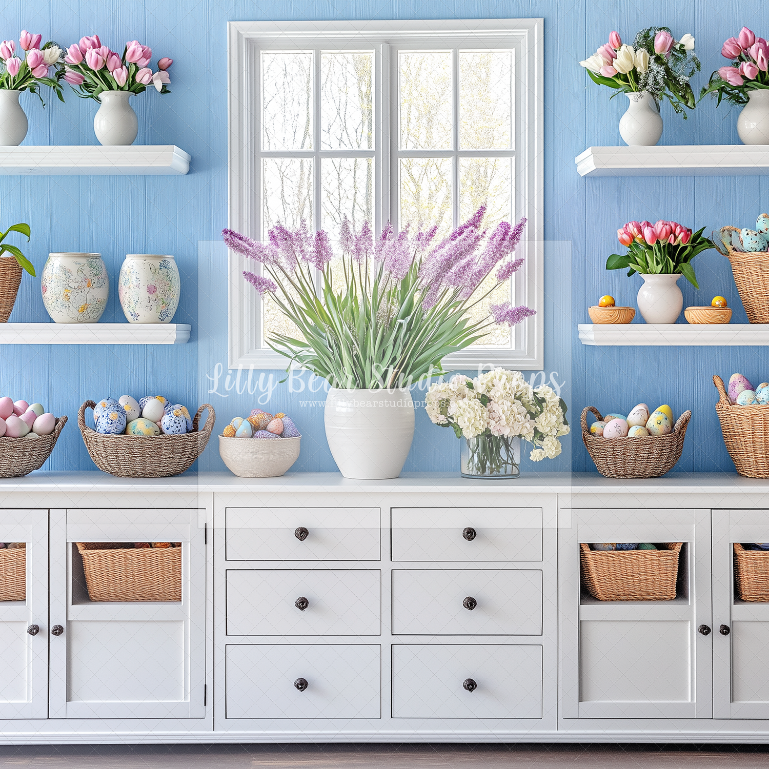 Blue Wall Floral White Cabnet