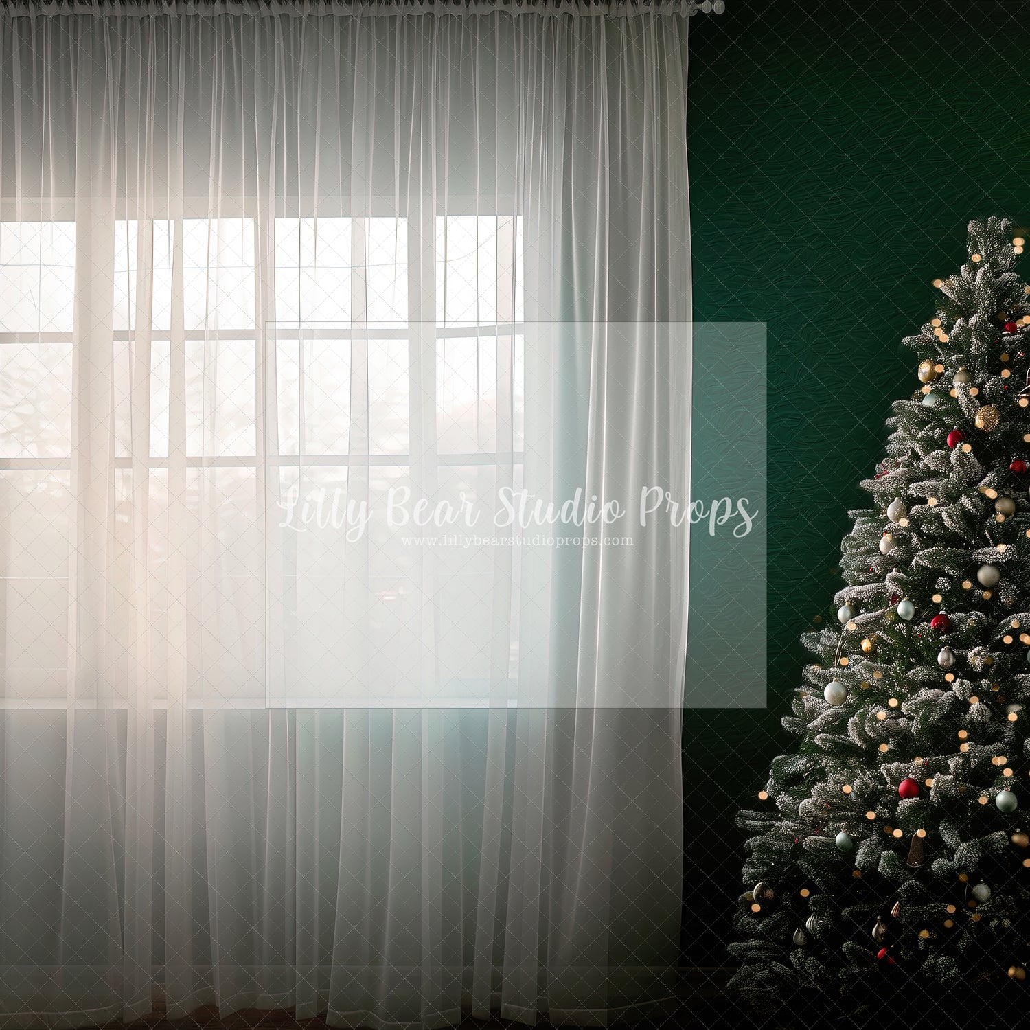 Christmas Green Wall, Tree and Curtains