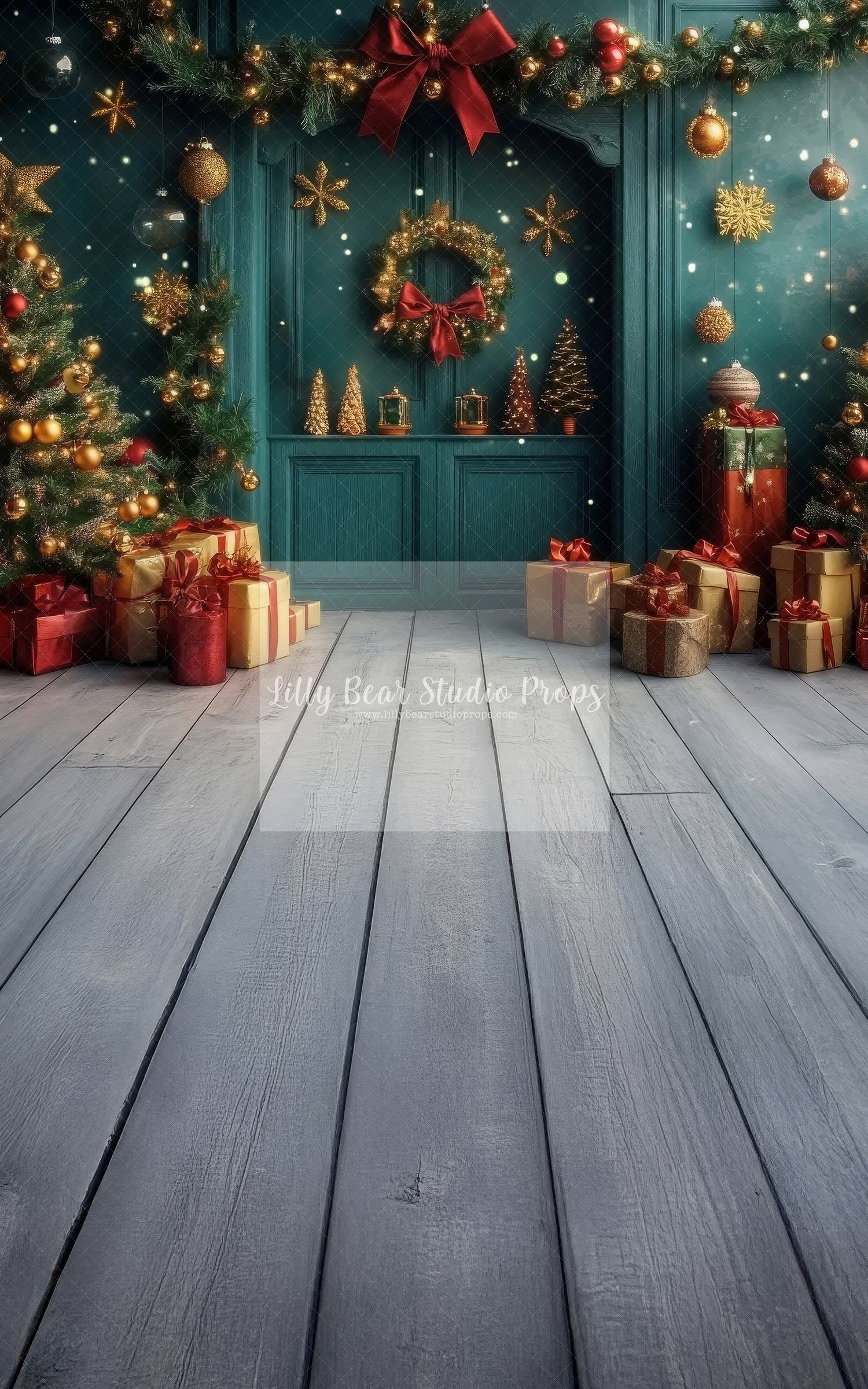 Emerald Green Christmas Wall with Garland & Wreath - Sweep Option