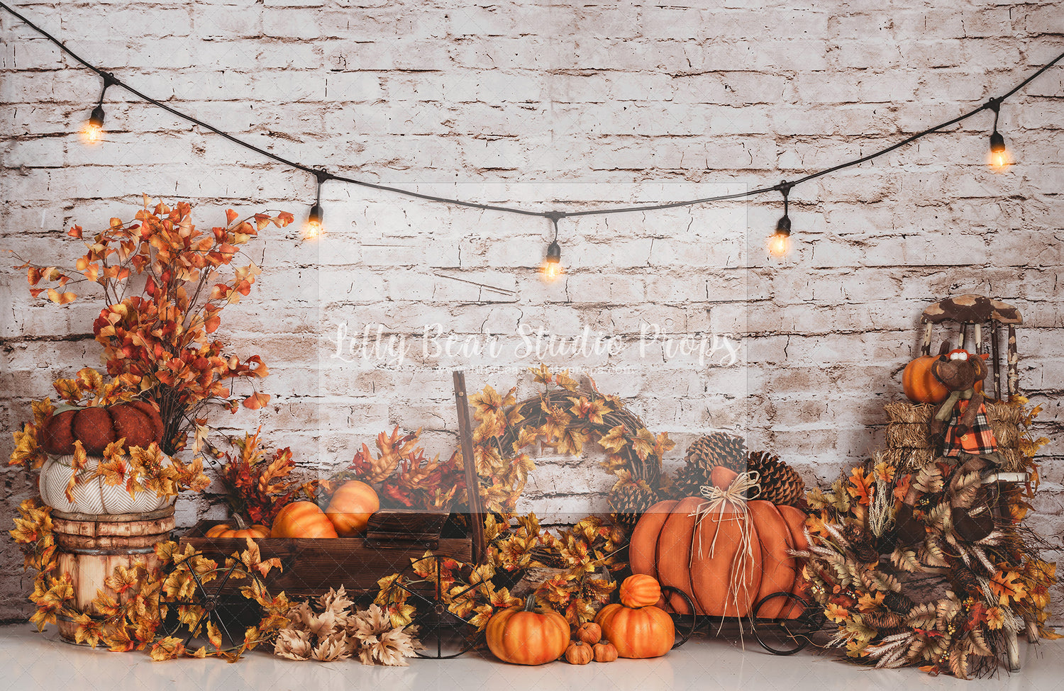 Fall Leaves and Pumpkins Brick Wall