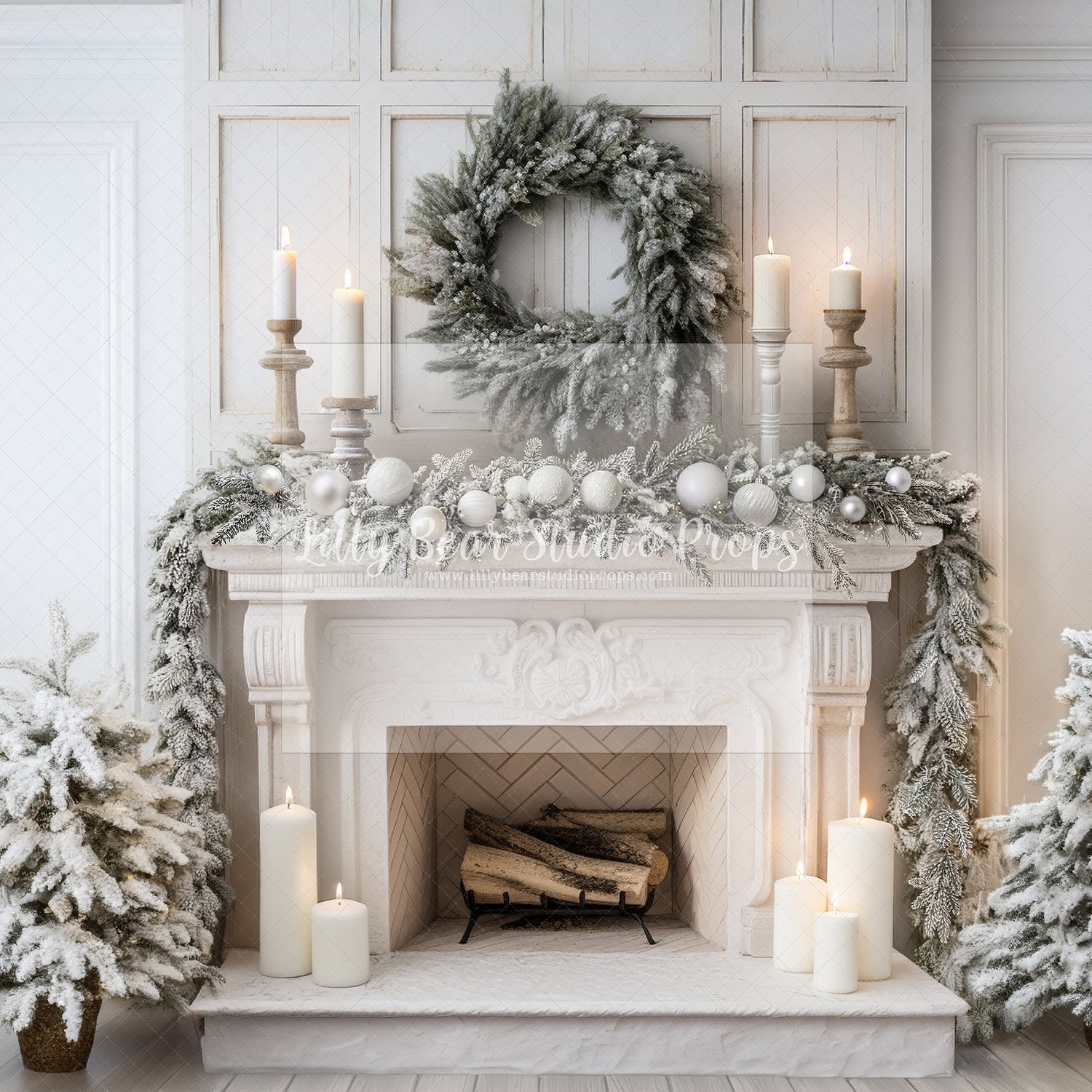 Flocked Christmas Fireplace