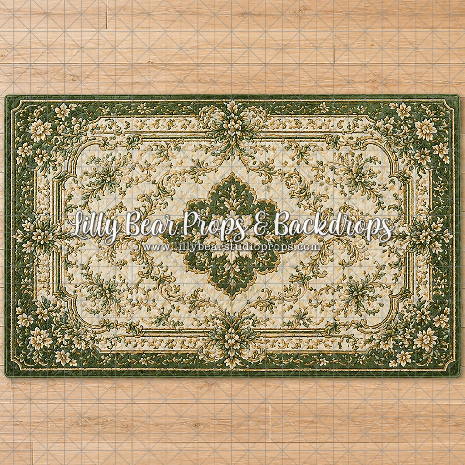 Green, Cream and Gold Rug on Timber Floor