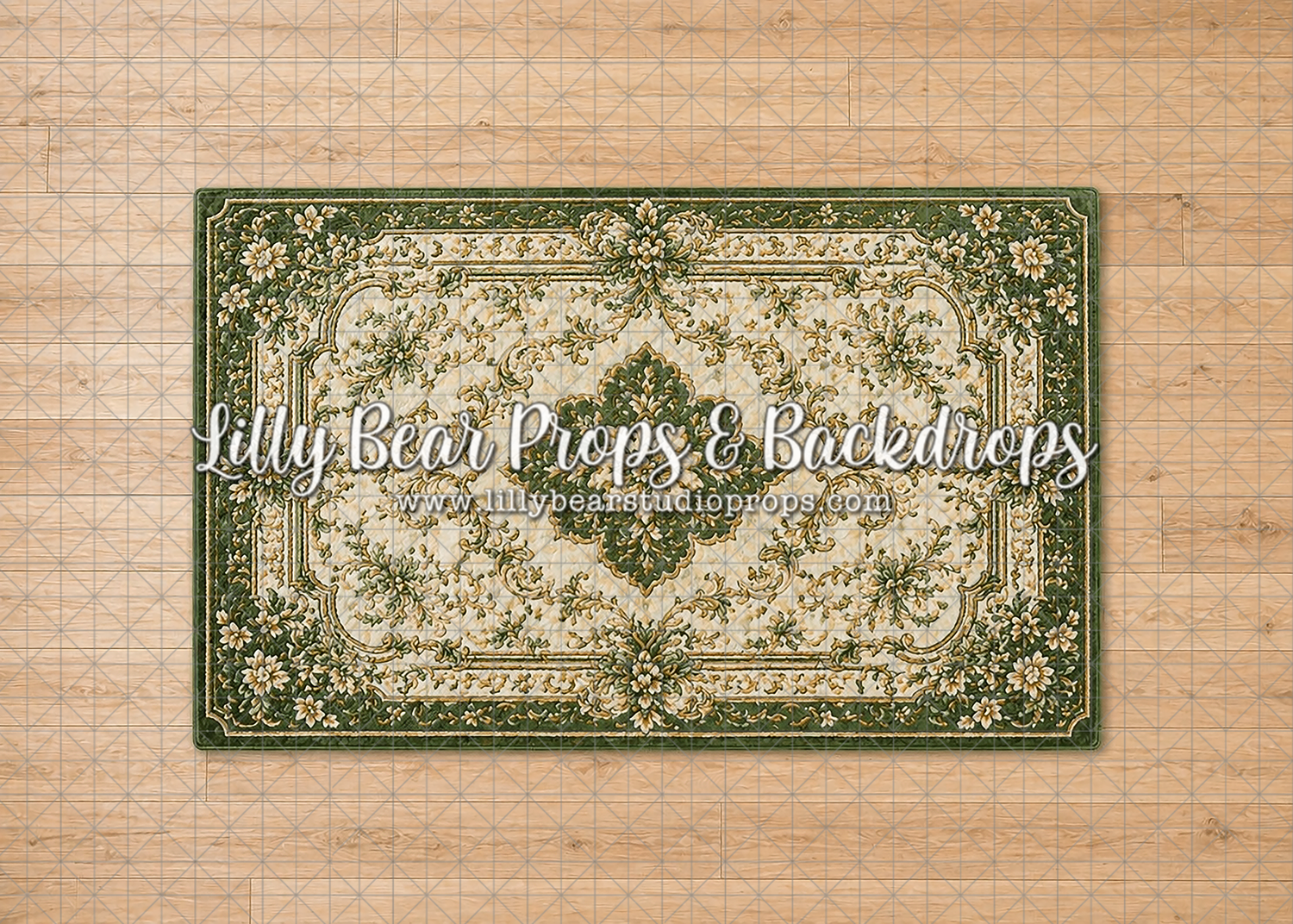 Green, Cream and Gold Rug on Timber Floor