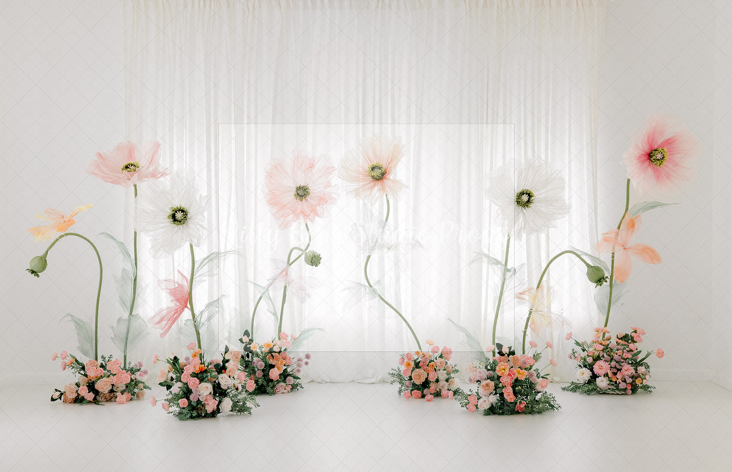 Large Flowers White Window Curtain