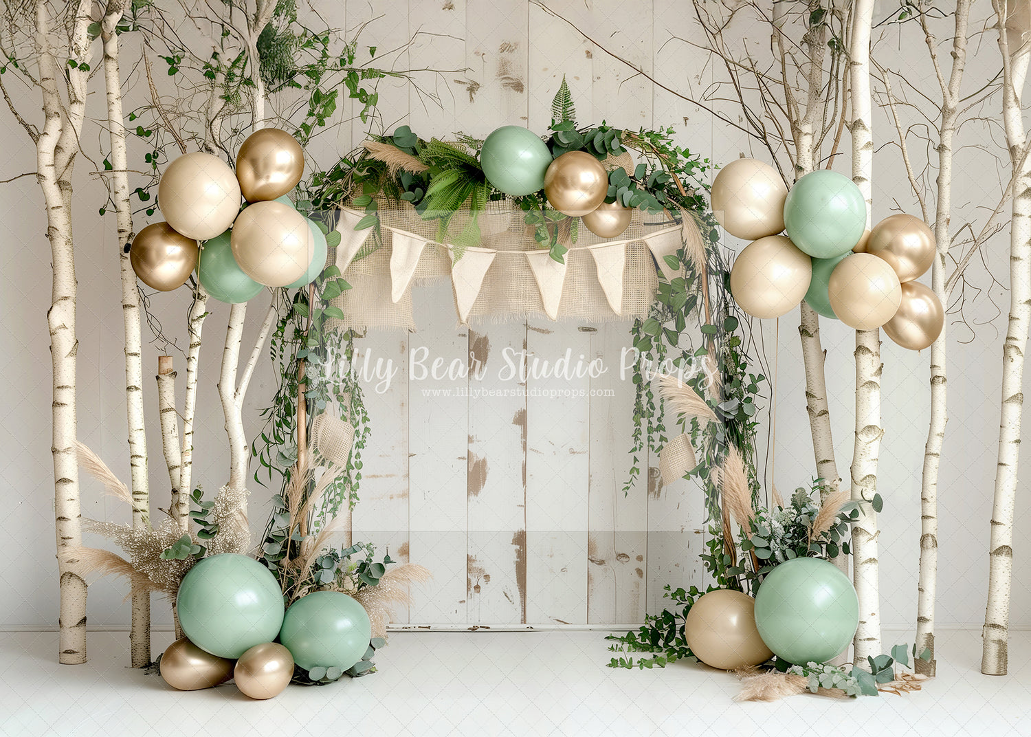 Neutral Sage & Gold Birch Tree Balloons