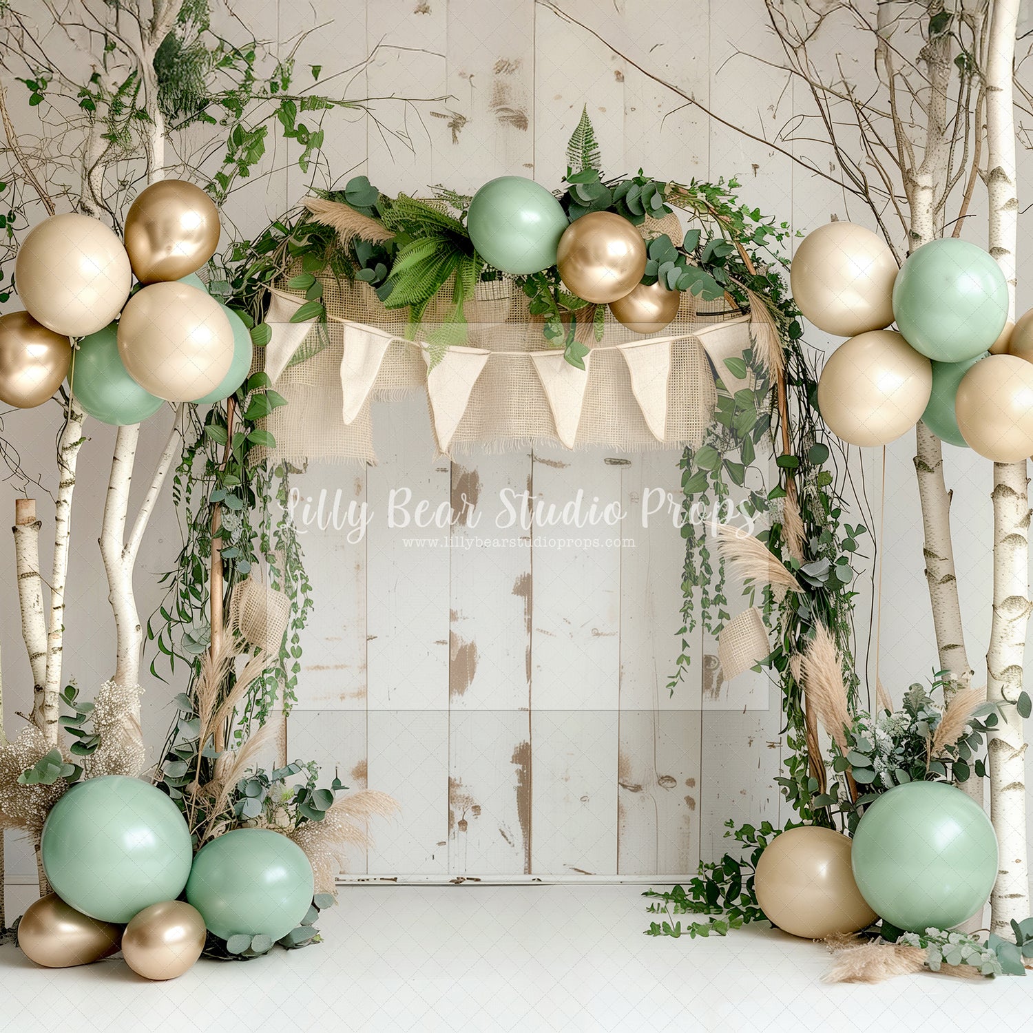 Neutral Sage & Gold Birch Tree Balloons