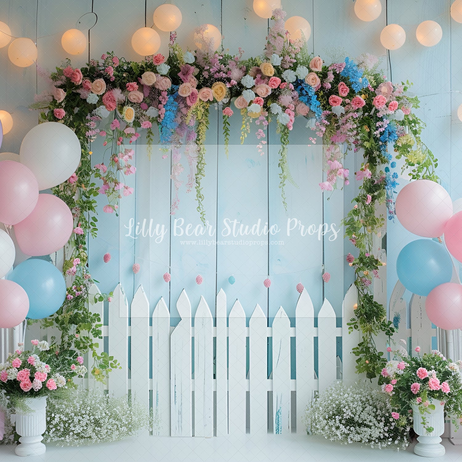 Pastel Blue Pretty Floral Picket Fence