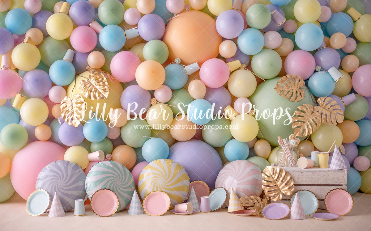 Pastel Candy Party Wall - Lilly Bear Studio Props, cake smash, candy, candy treats, candy wall, carriage, gold, gold leaves, gold palms, leaves, pastel, pastel balloon wall, pastel balloons, pastel blue, pastel green, pastel orange, pastel pink, pastel purple, pastel rainbow, pastel wall, pastel yellow, sweet treats, treats