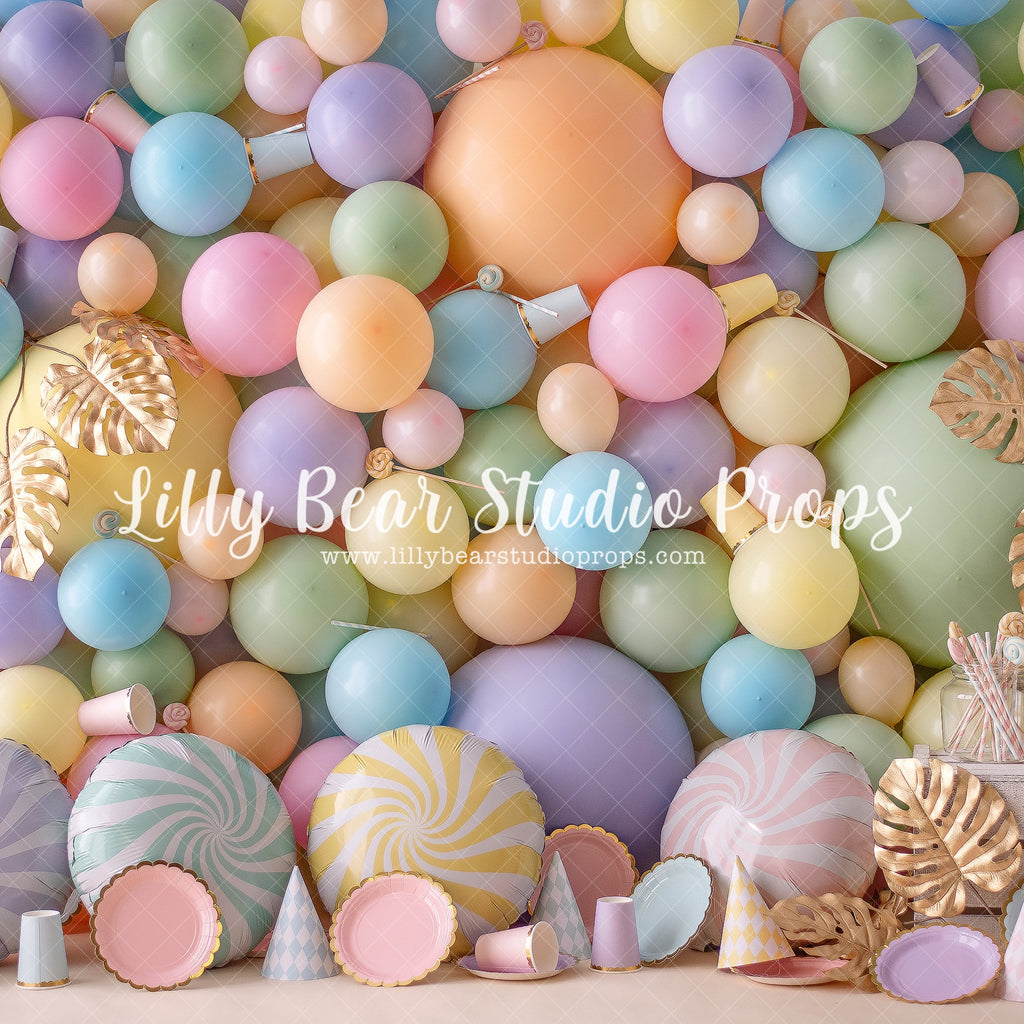 Pastel Candy Party Wall - Lilly Bear Studio Props, cake smash, candy, candy treats, candy wall, carriage, gold, gold leaves, gold palms, leaves, pastel, pastel balloon wall, pastel balloons, pastel blue, pastel green, pastel orange, pastel pink, pastel purple, pastel rainbow, pastel wall, pastel yellow, sweet treats, treats