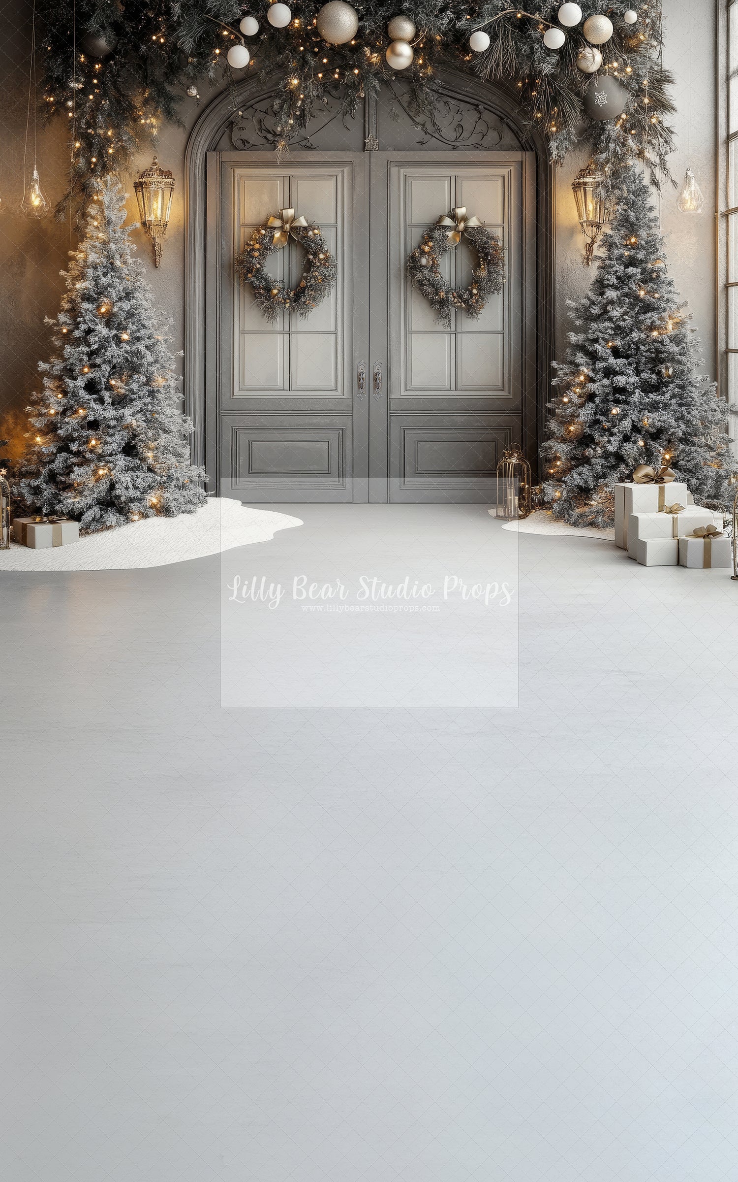 Pewter & White Christmas Double Doors with Wreaths - Sweep Option