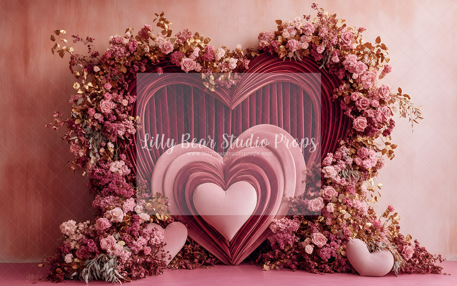 Pink Velvet Heart & Red Curtain Floral Arch