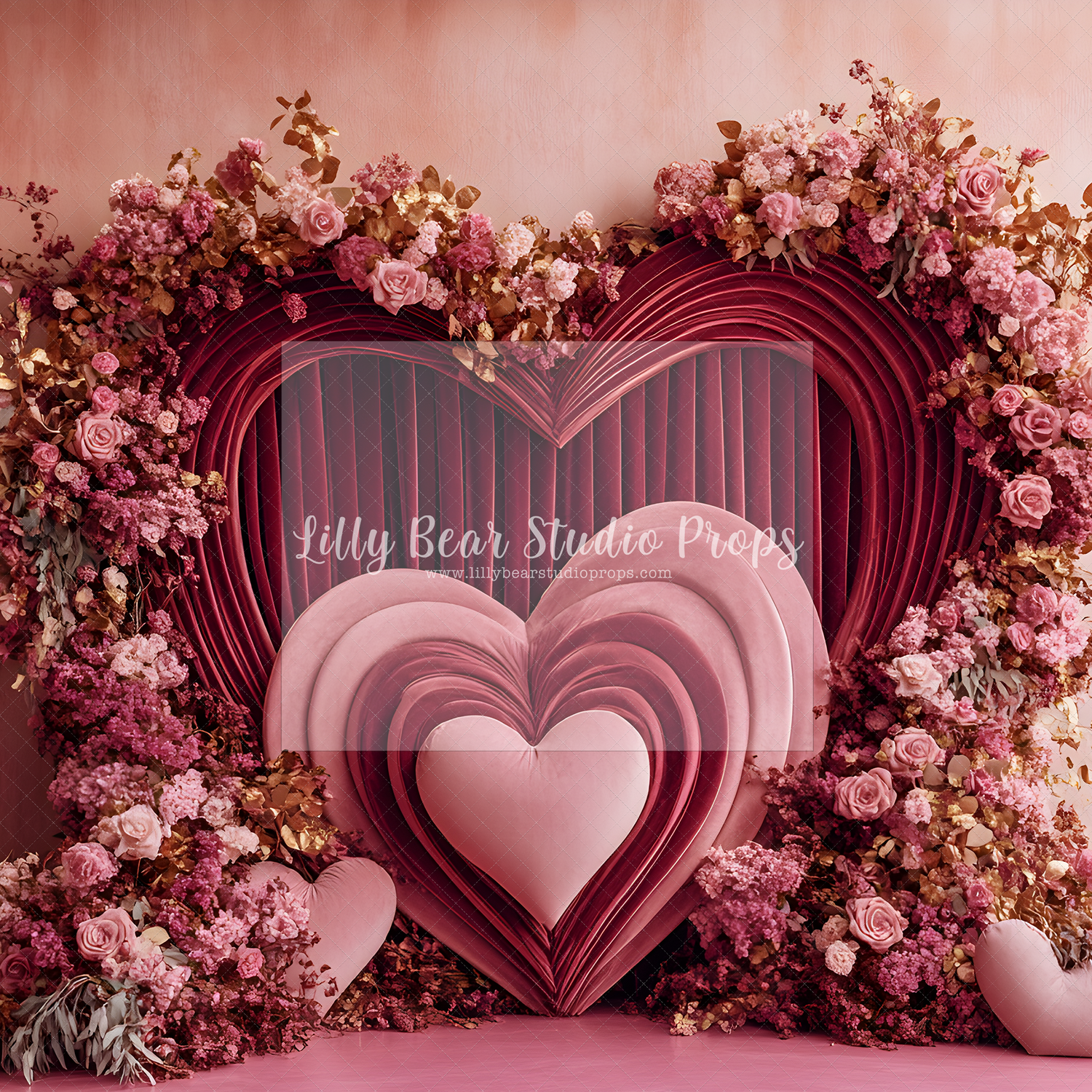 Pink Velvet Heart & Red Curtain Floral Arch