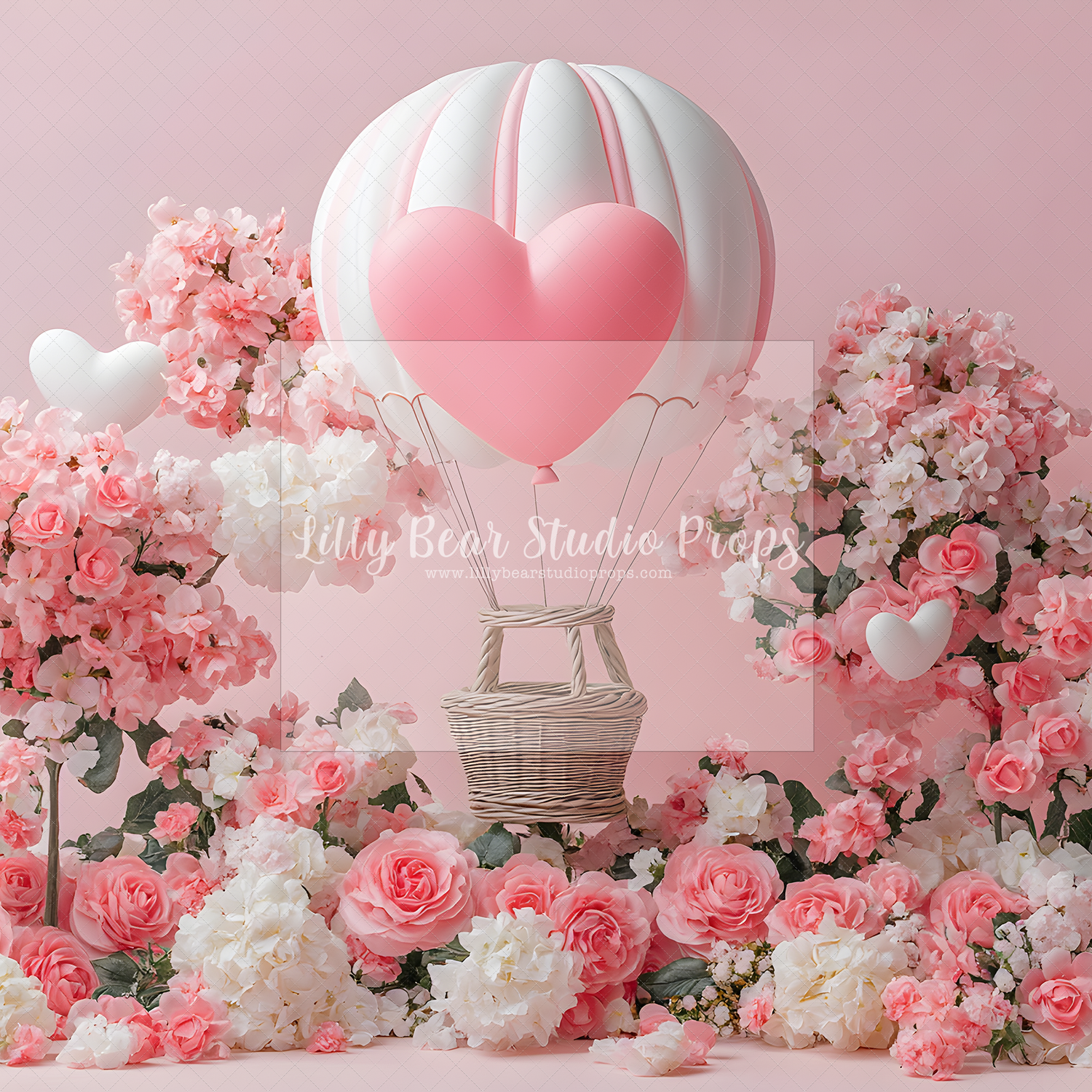 Pink & White Roses Heart and Hot Air Balloon
