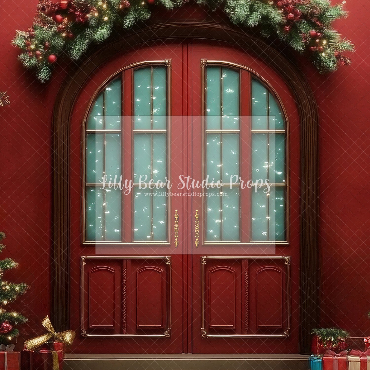 Red Wall Christmas Double Doors & Holly