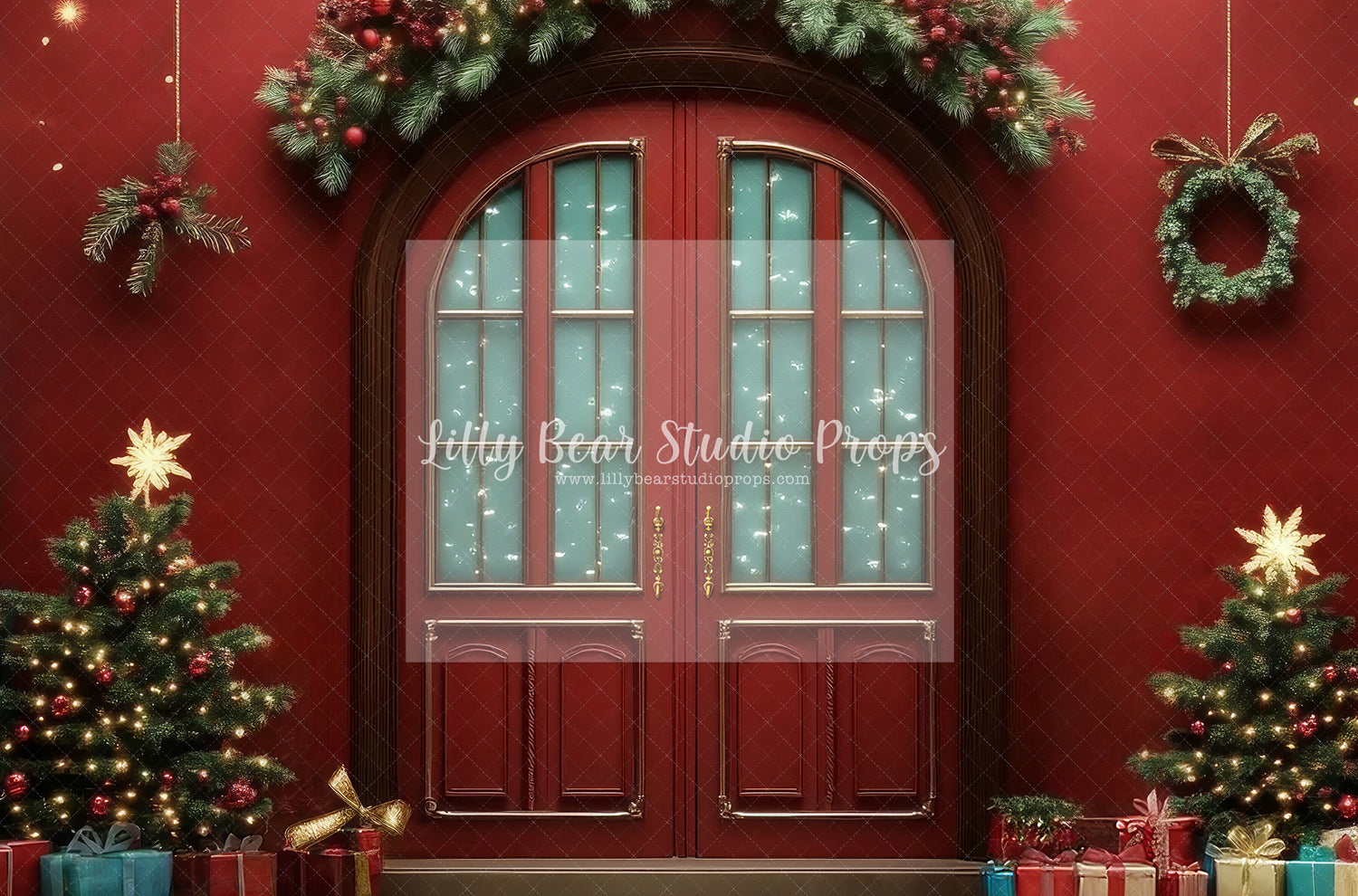 Red Wall Christmas Double Doors & Holly