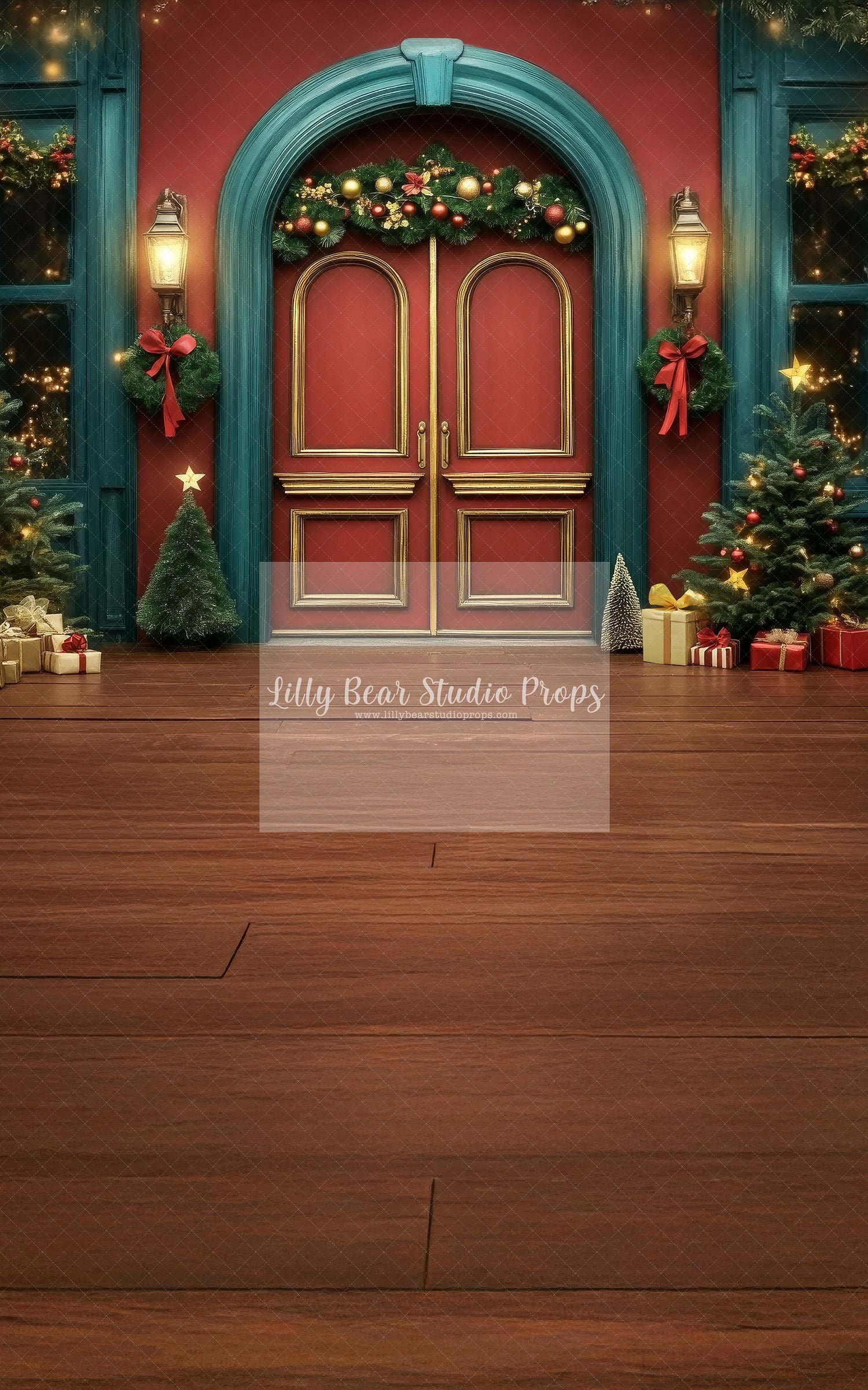 Red & Gold Double Christmas Doors with Lanterns - Sweep Option