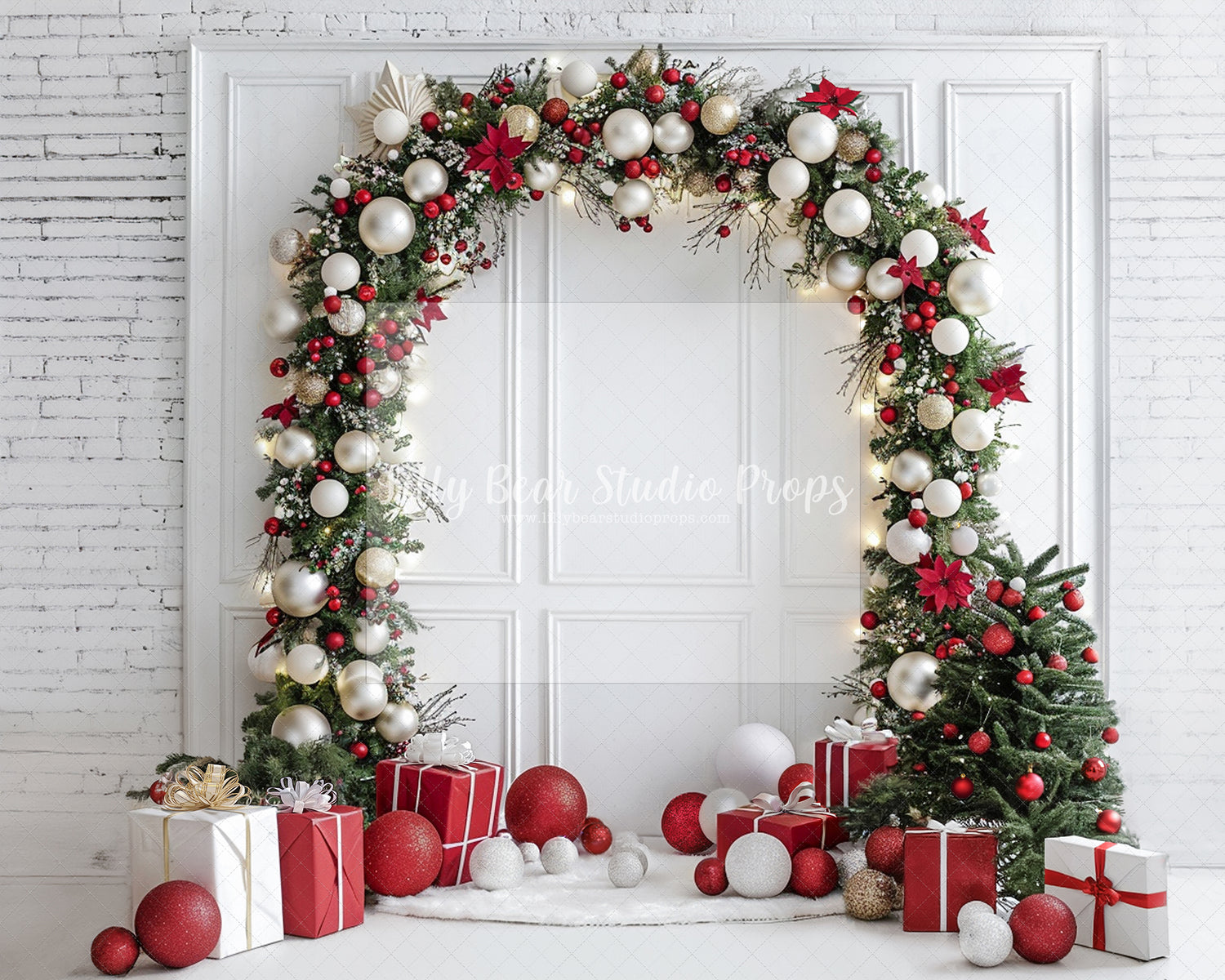 Red and White Christmas Garland Arch with White Floor