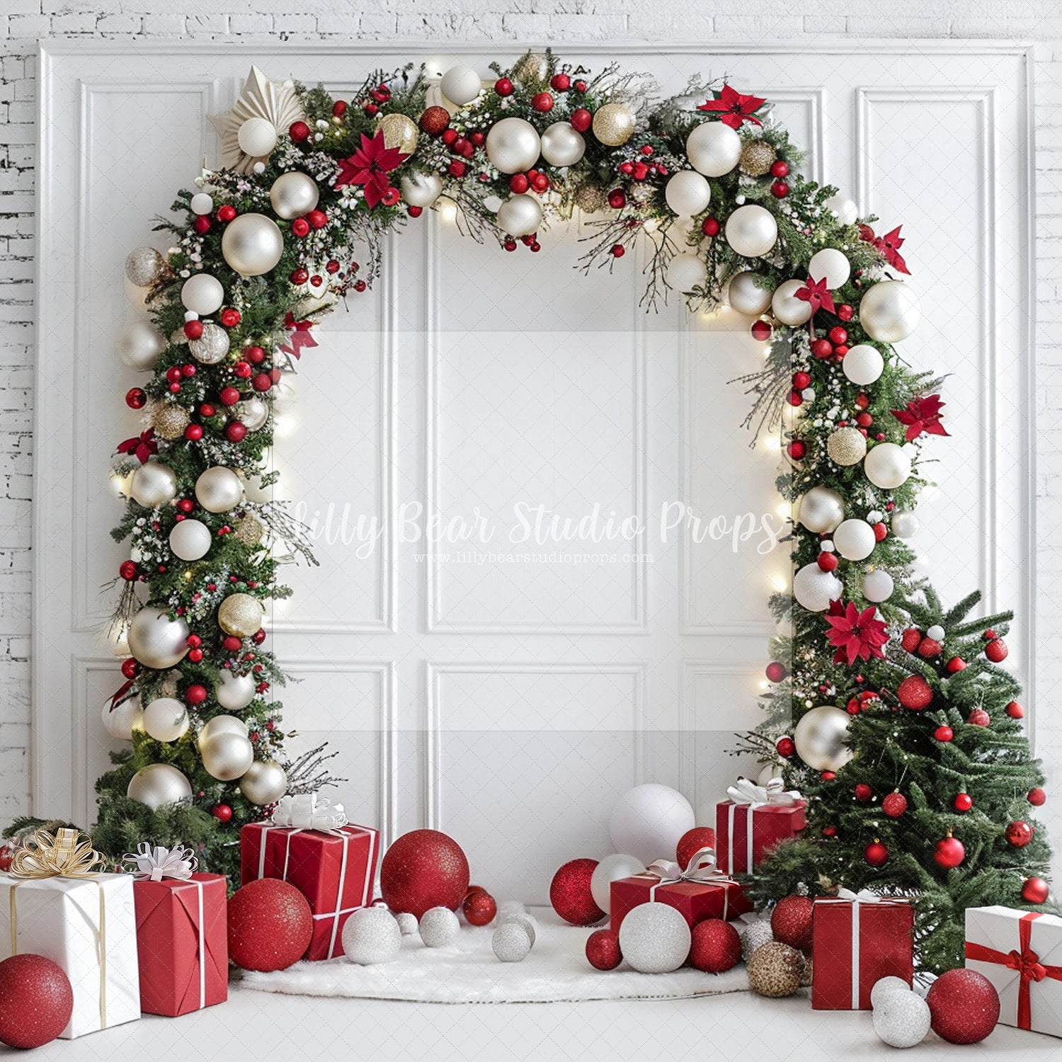 Red and White Christmas Garland Arch with White Floor